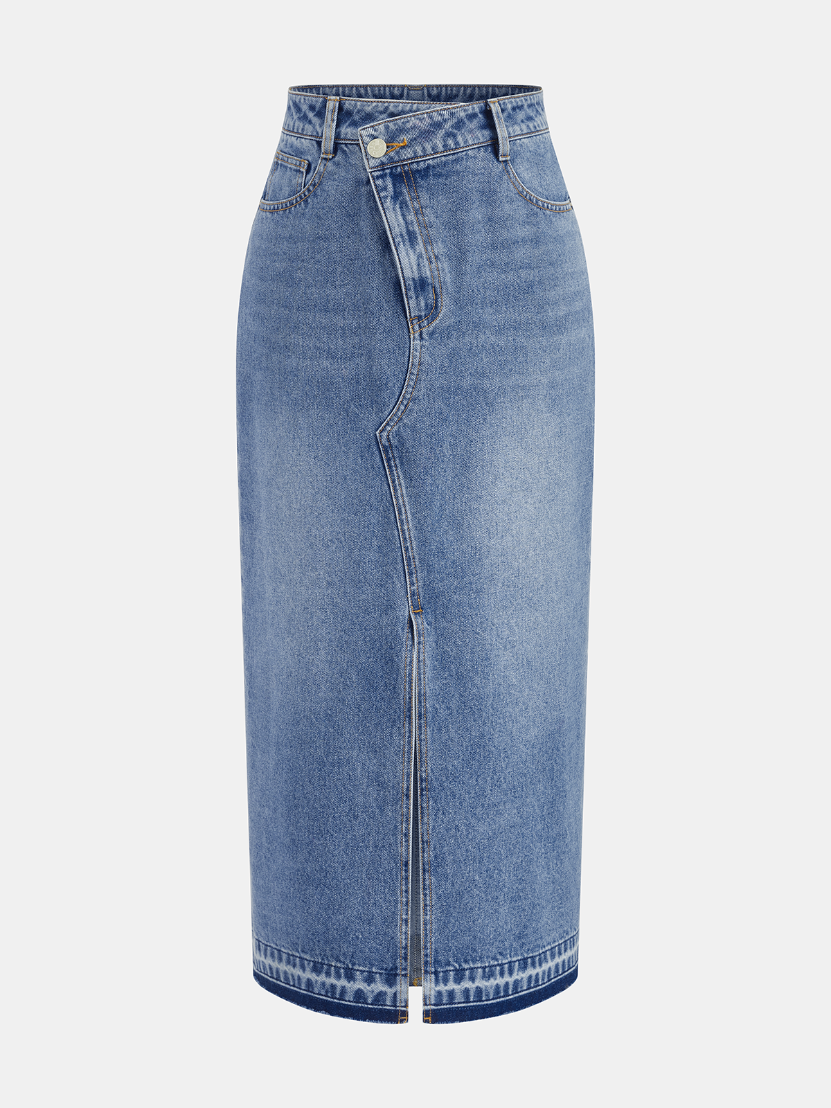 Denim Asymmetric Slit Midi Skirt-Chicvia