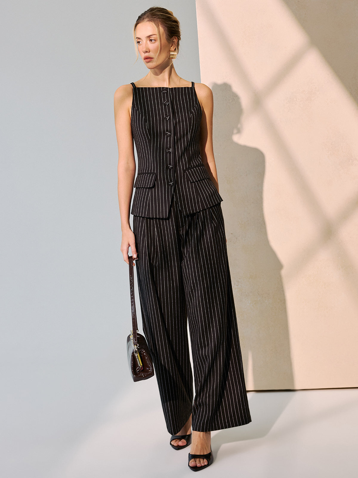 Pinstripe Cami Vest & Wide-Leg Pants Set-Chicvia