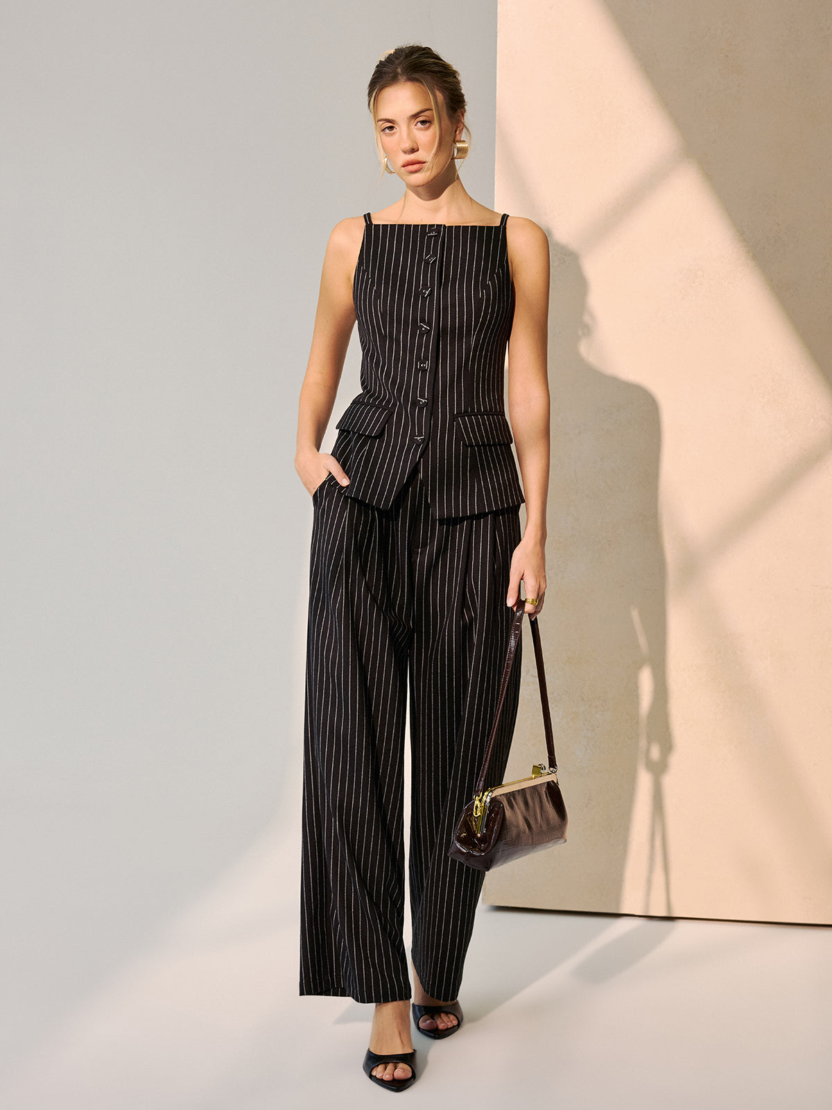 Pinstripe Cami Vest & Wide-Leg Pants Set-Chicvia