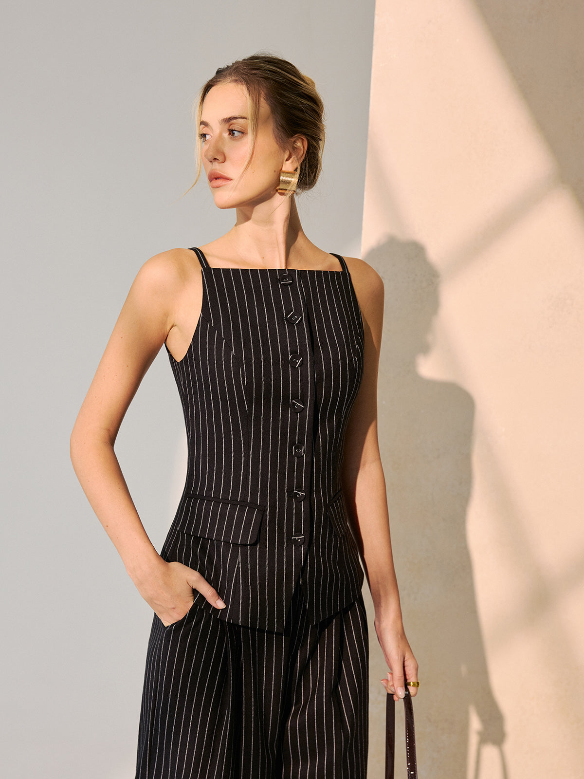 Pinstripe Cami Vest & Wide-Leg Pants Set-Chicvia