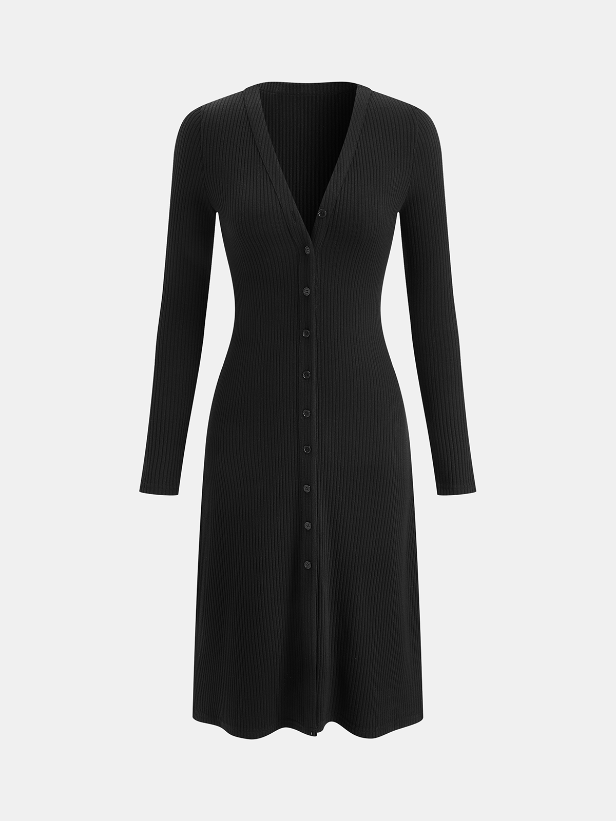 Long Sleeve Rib Knit Button Down Midi Dress-Chicvia