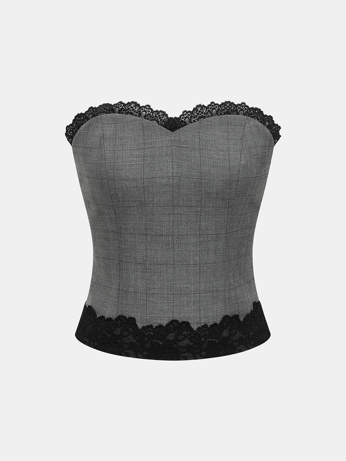 Plaid Lace Trim Strapless Top & Pants Set-Chicvia