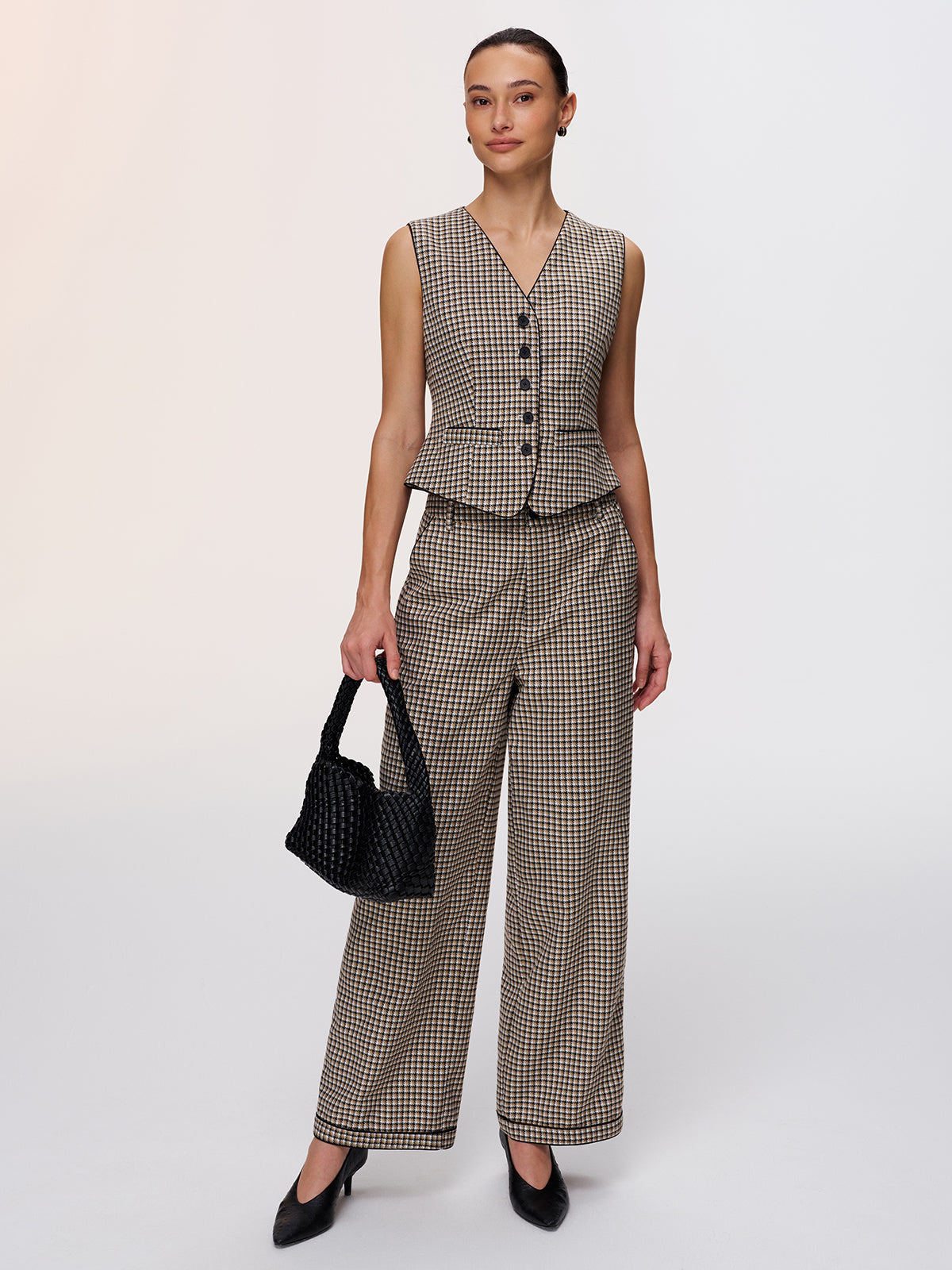 Plaid Vest & Wide Leg Pants Set-Chicvia