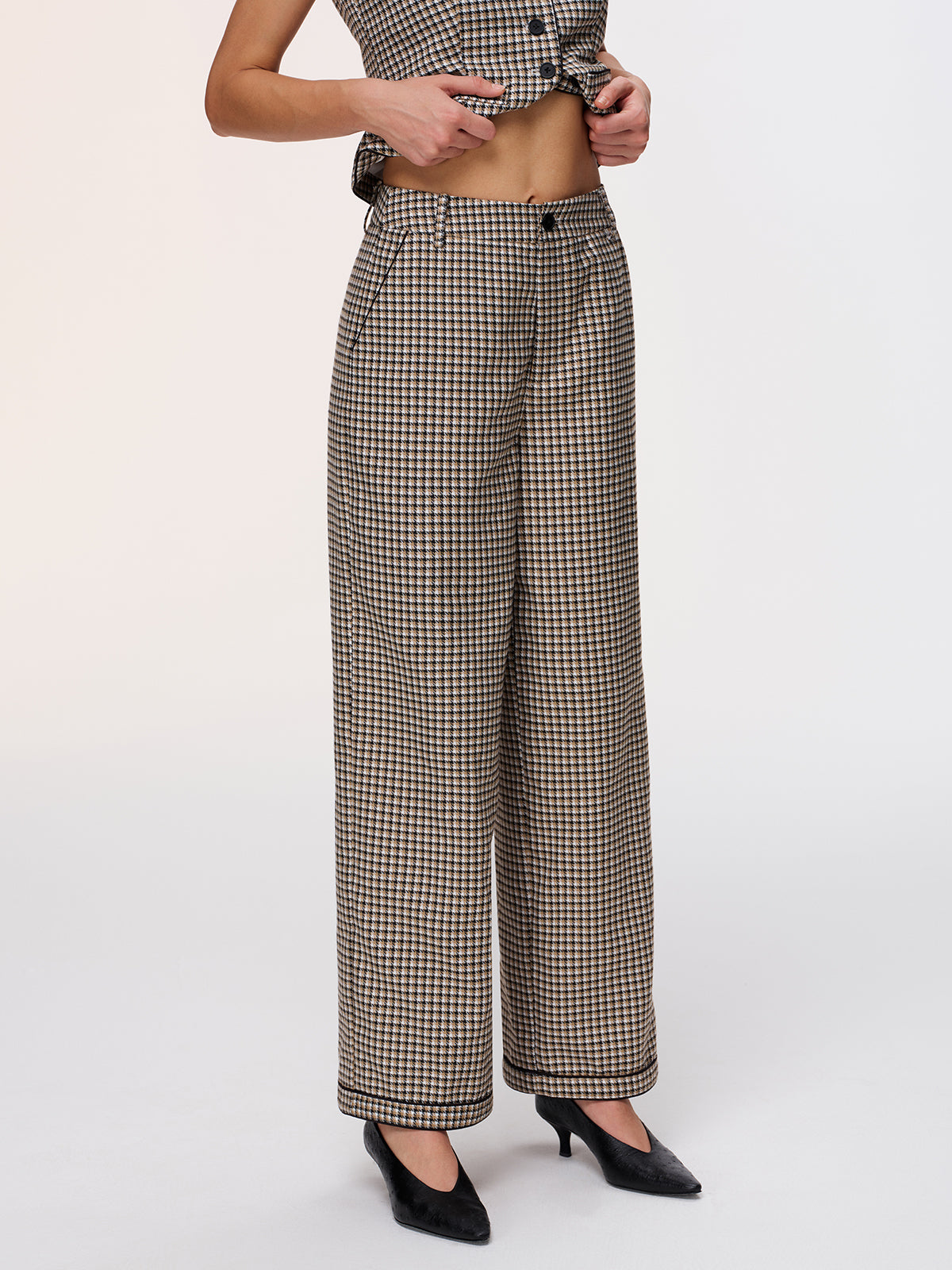 Plaid Vest & Wide Leg Pants Set-Chicvia