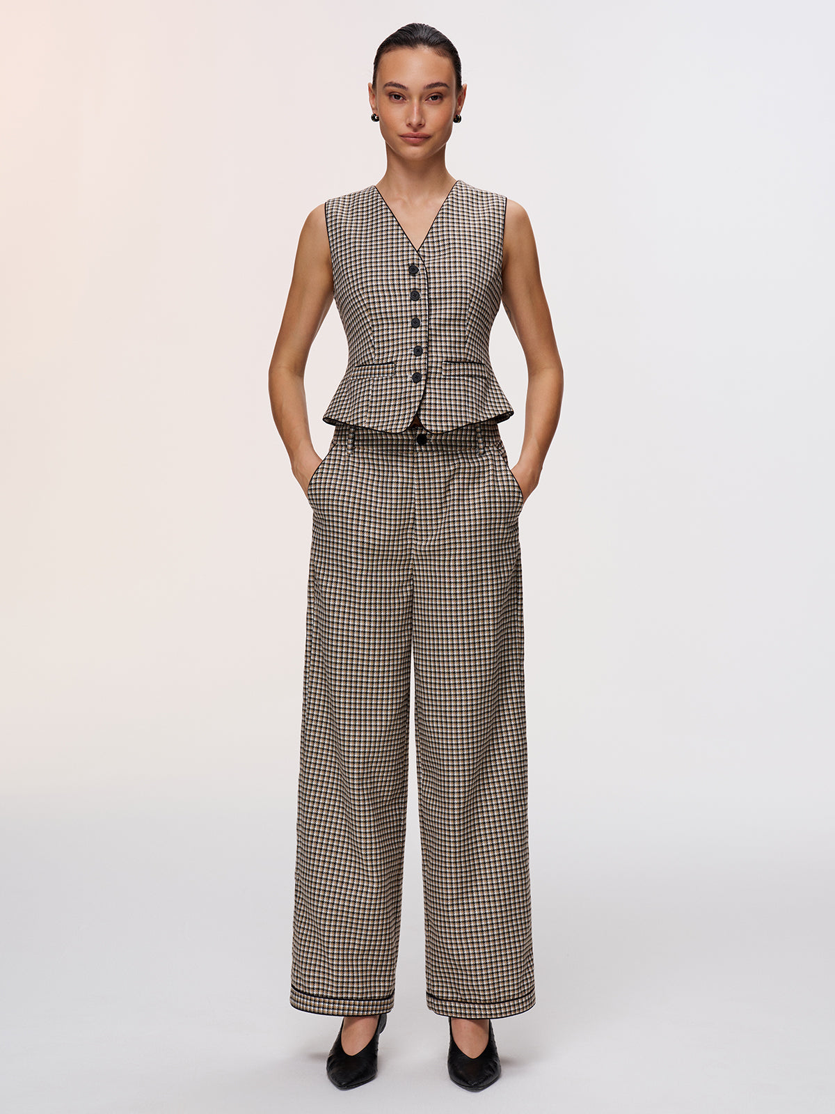Plaid Vest & Wide Leg Pants Set-Chicvia