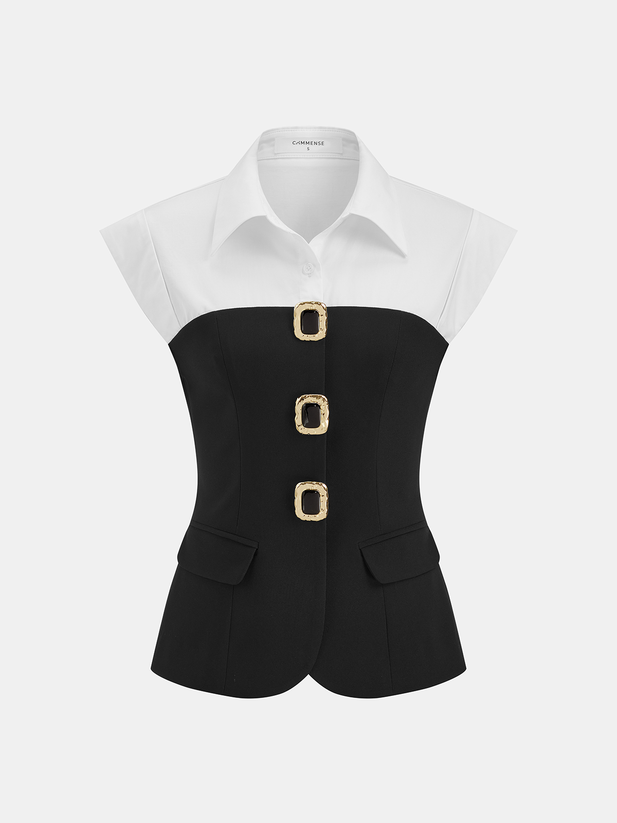 Color Block Sleeveless Collared Blouse-Chicvia