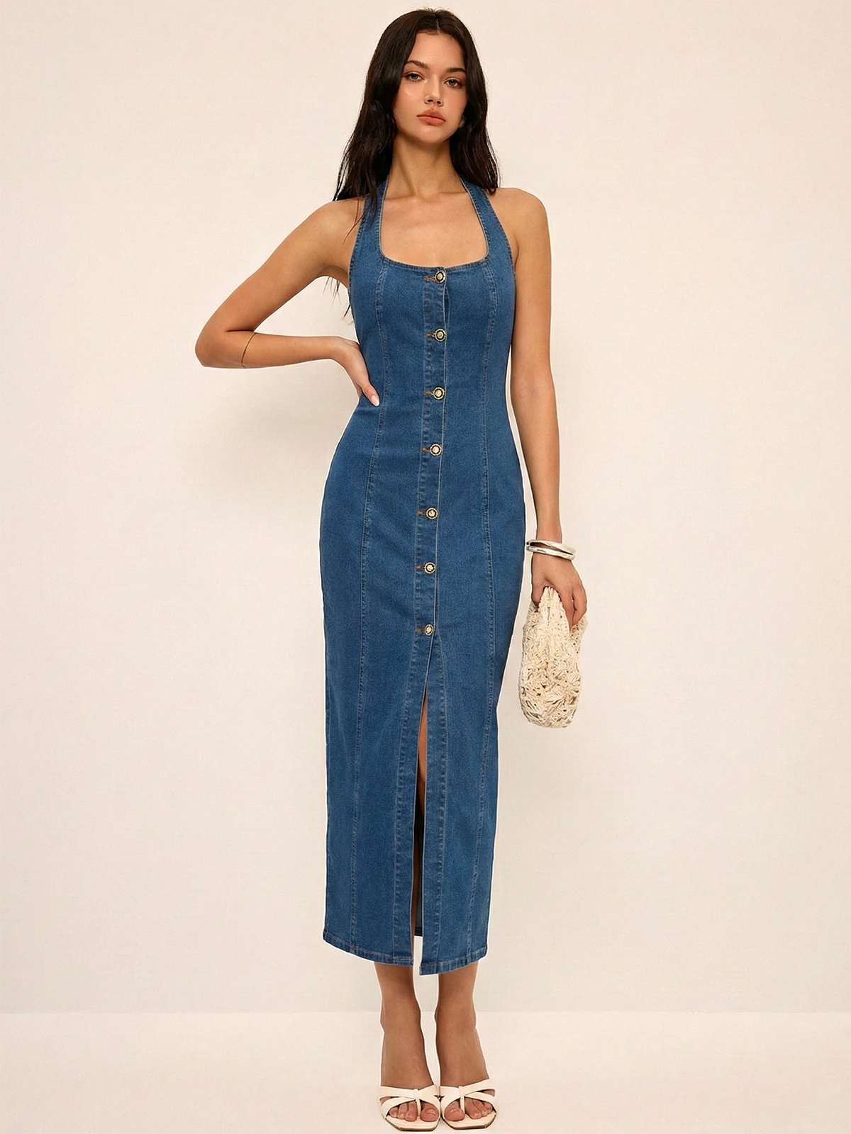 Denim Halter Button Front Maxi Dress-Chicvia