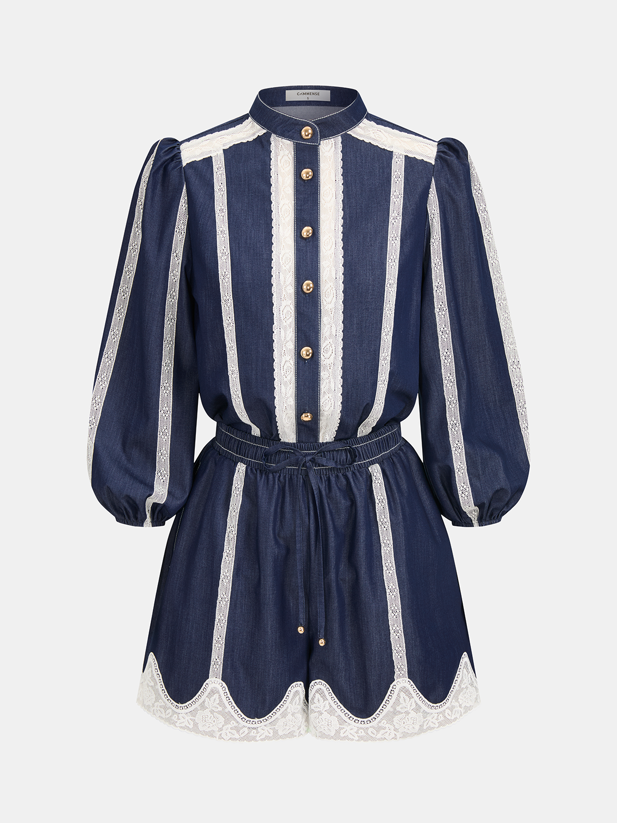 Lace Panel Faux Denim Shirt & Shorts Set-Chicvia