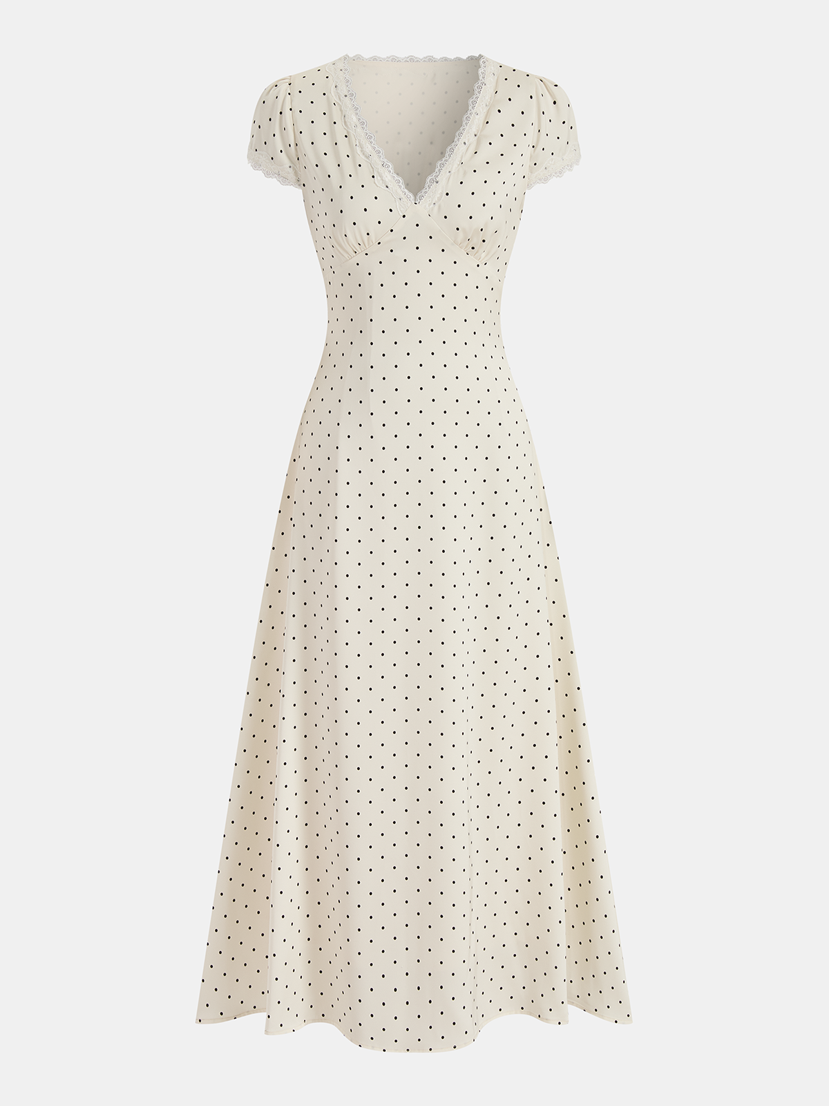Polka Dot Lace Trim Midi Dress-Chicvia