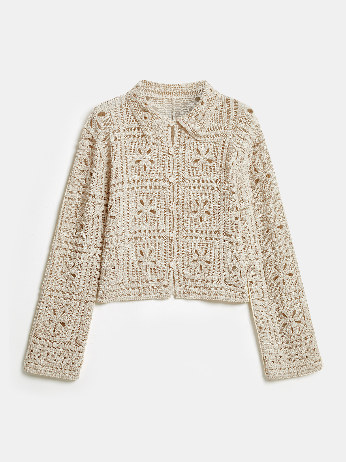 Crochet Floral Eyelet Long Sleeve Shirt-Chicvia