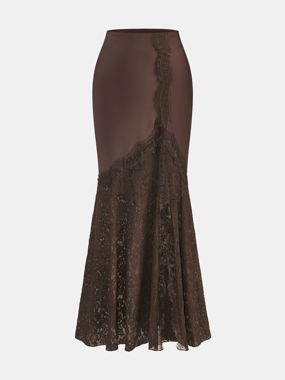 Lace Panel Satin Mermaid Maxi Skirt-Chicvia