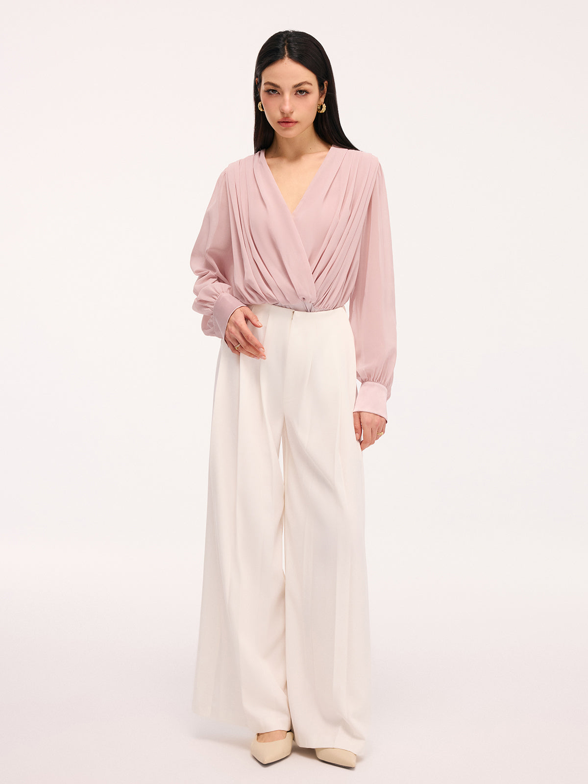 Pleated Deep V-Neck Long Sleeve Bodysuit-Chicvia