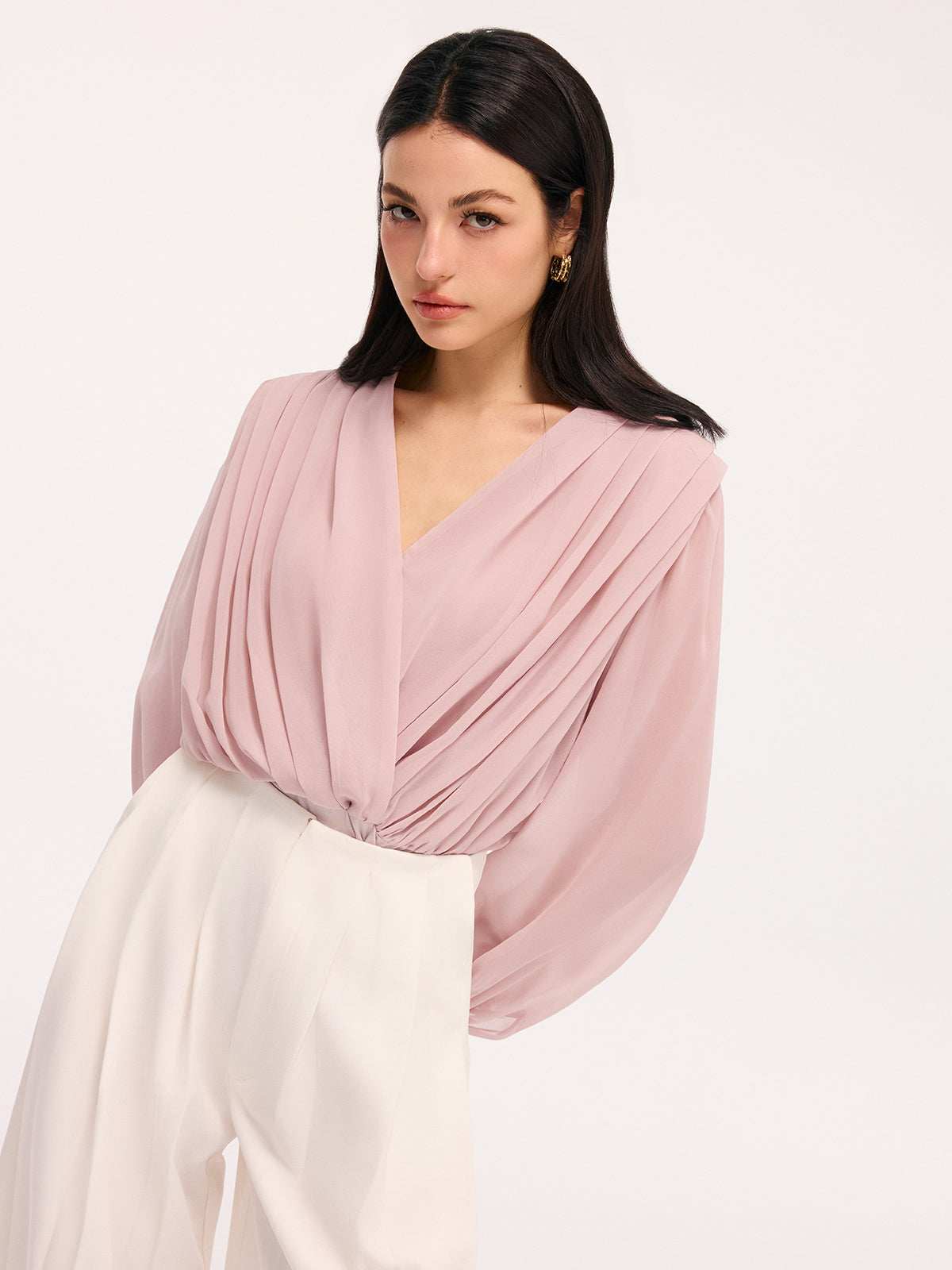 Pleated Deep V-Neck Long Sleeve Bodysuit-Chicvia