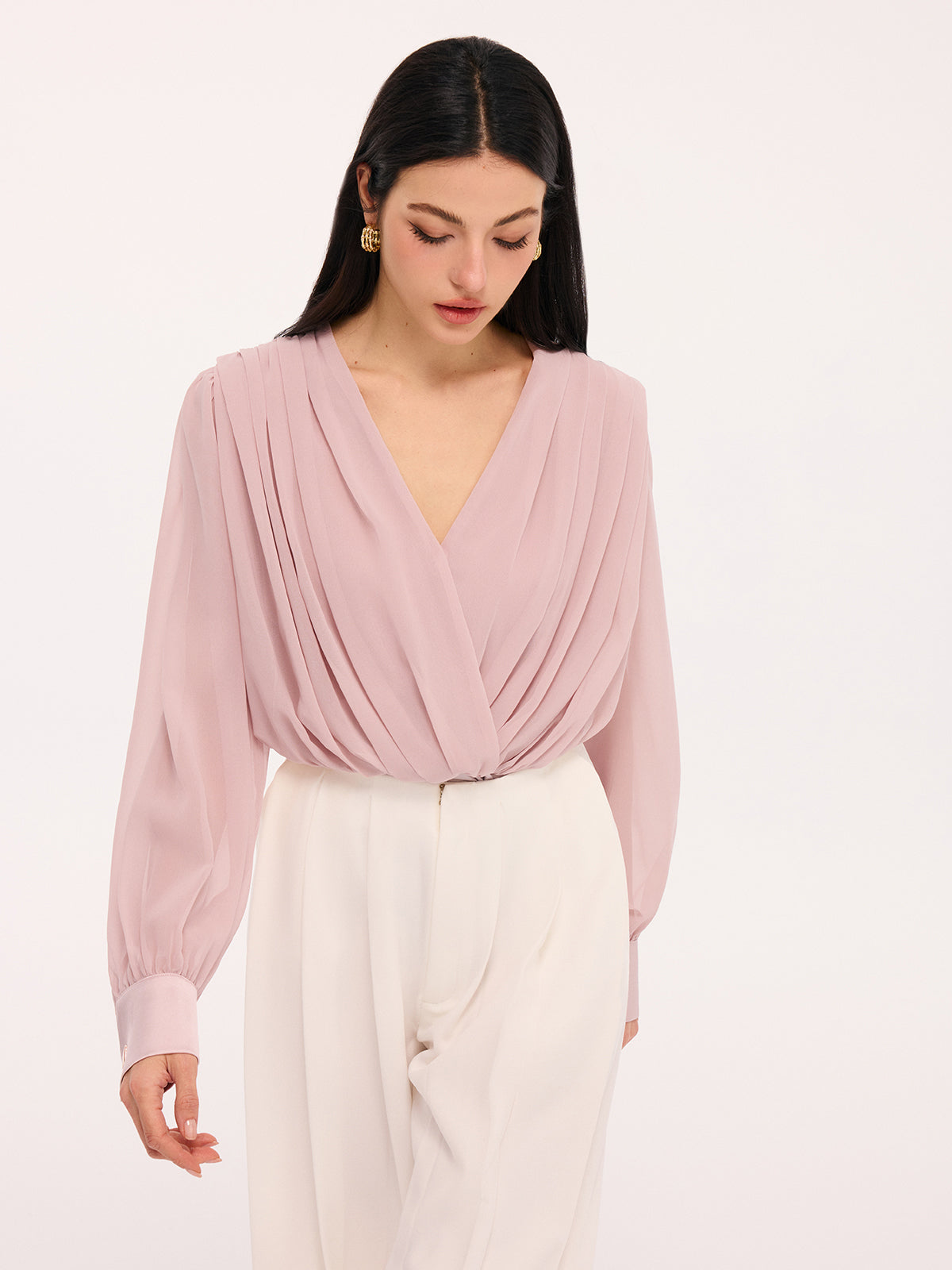 Pleated Deep V-Neck Long Sleeve Bodysuit-Chicvia