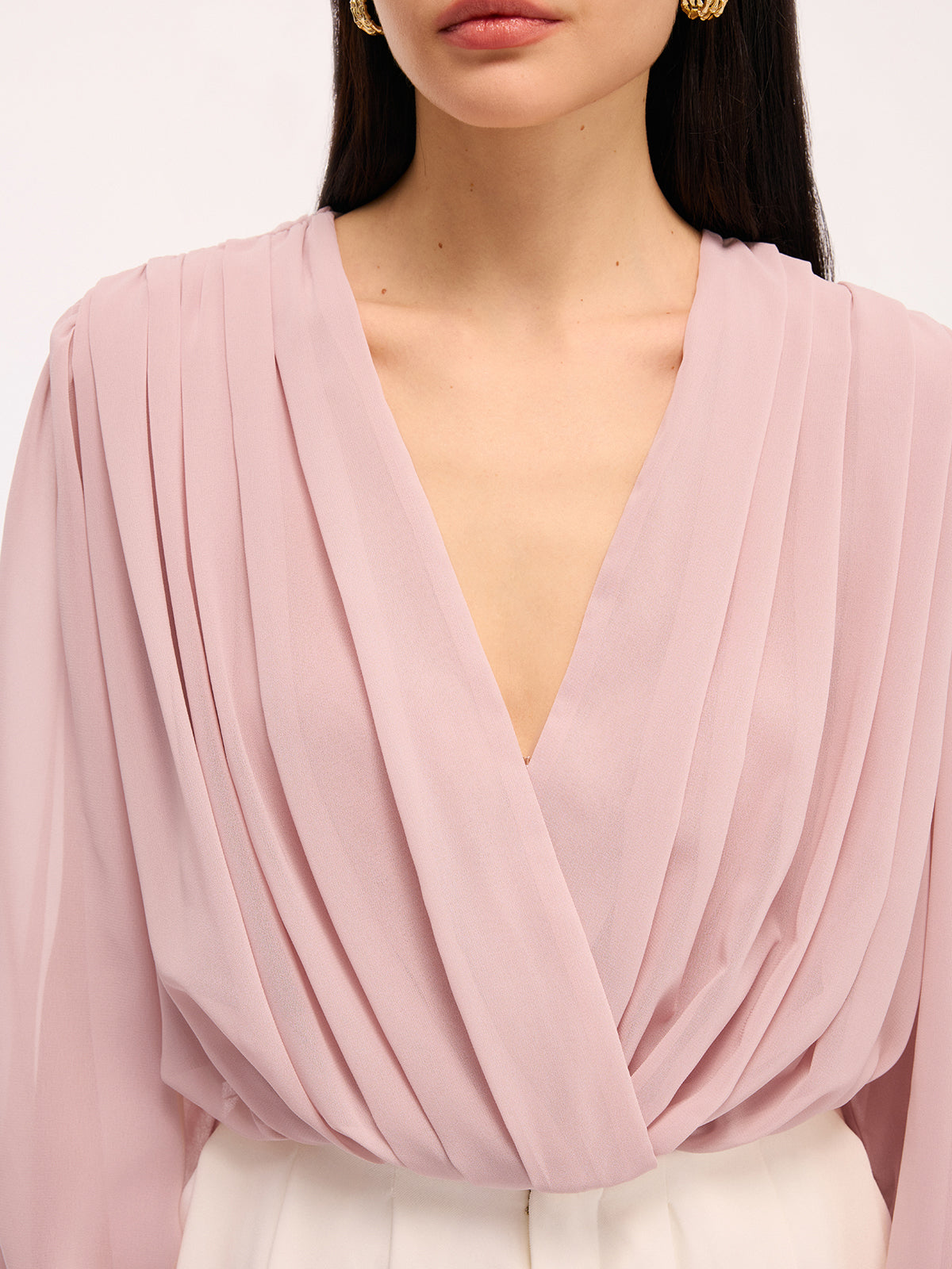 Pleated Deep V-Neck Long Sleeve Bodysuit-Chicvia