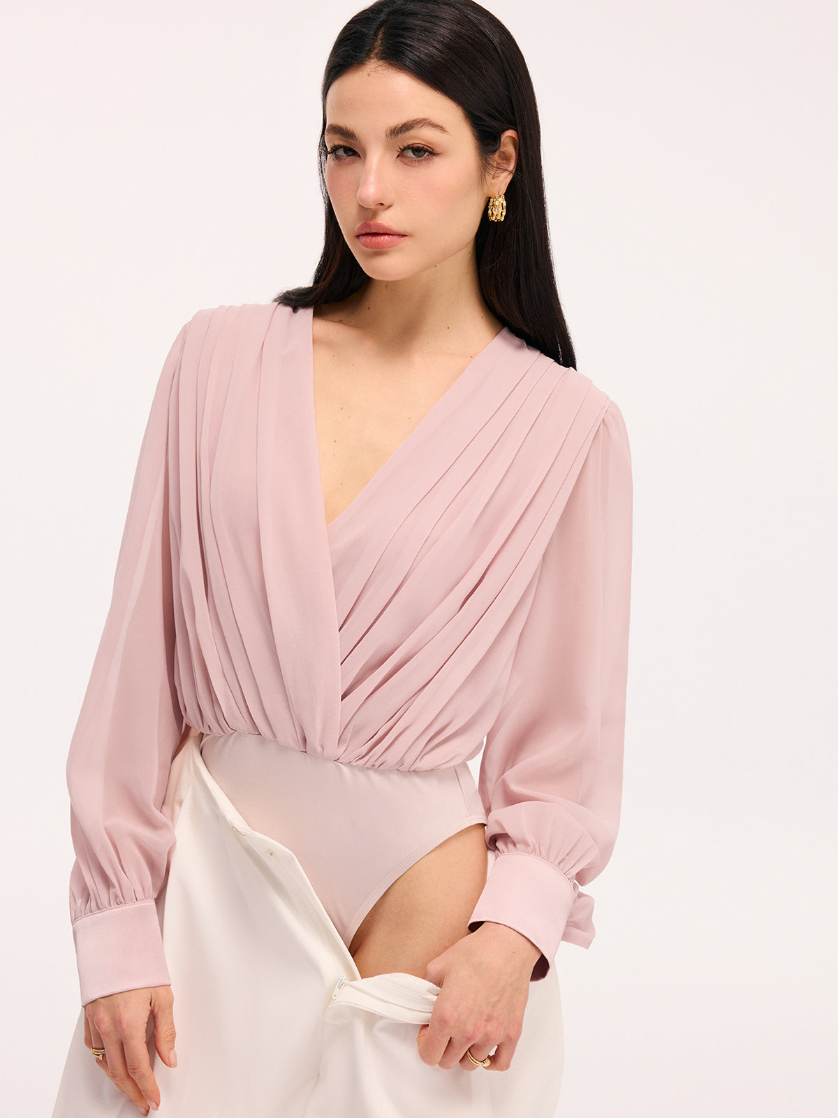 Pleated Deep V-Neck Long Sleeve Bodysuit-Chicvia