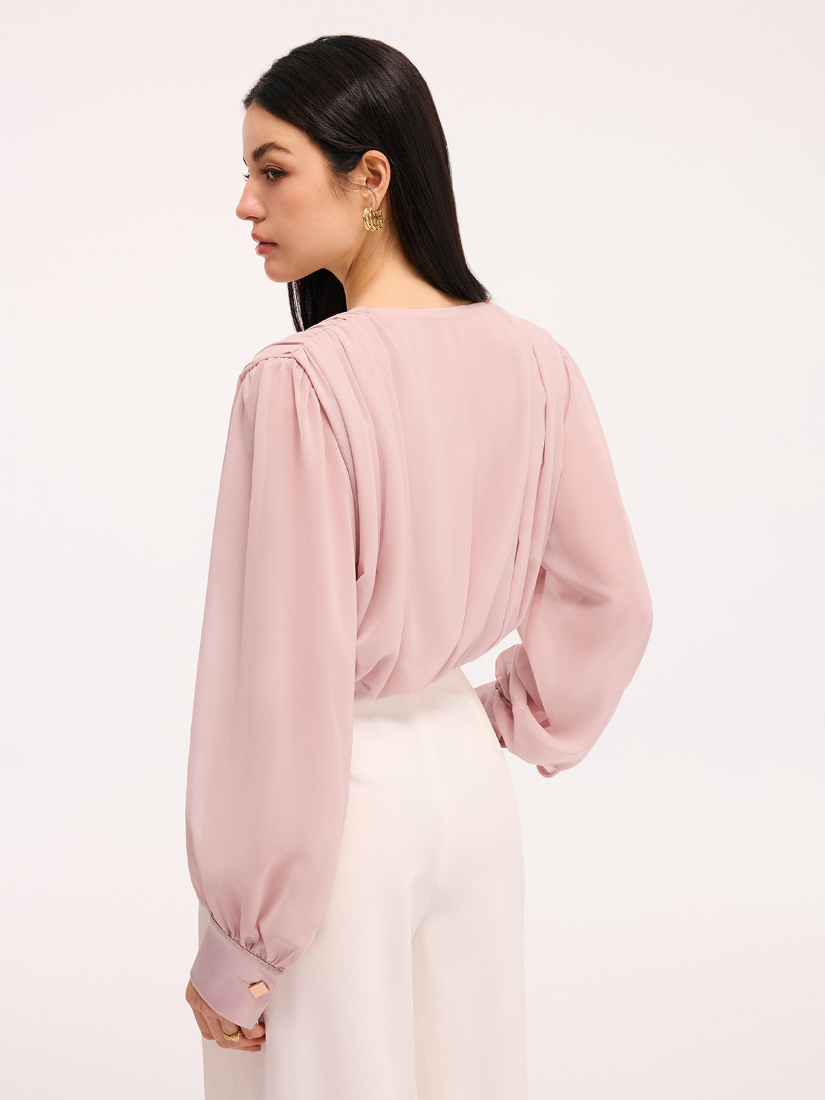 Pleated Deep V-Neck Long Sleeve Bodysuit-Chicvia