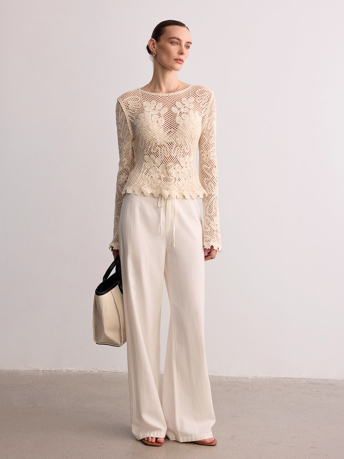 Crochet Lace Long Sleeve Knit Top-Chicvia