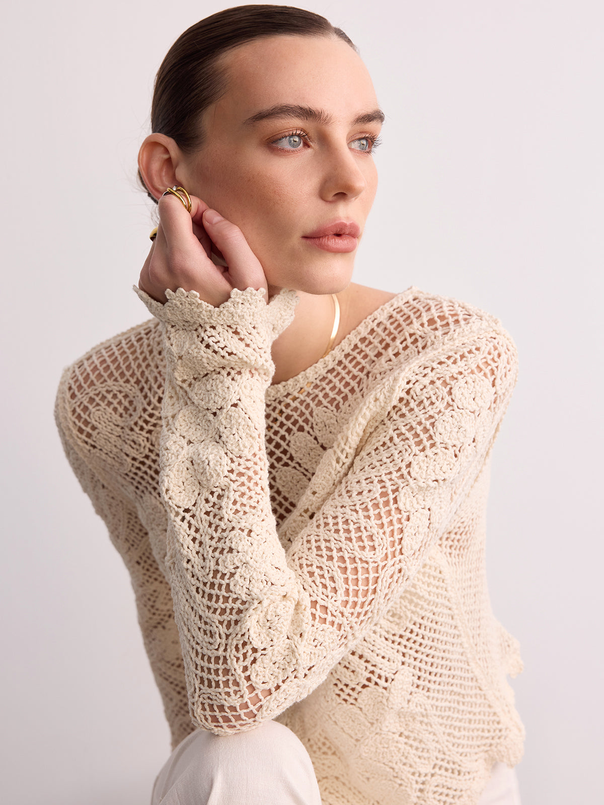 Crochet Lace Long Sleeve Knit Top-Chicvia