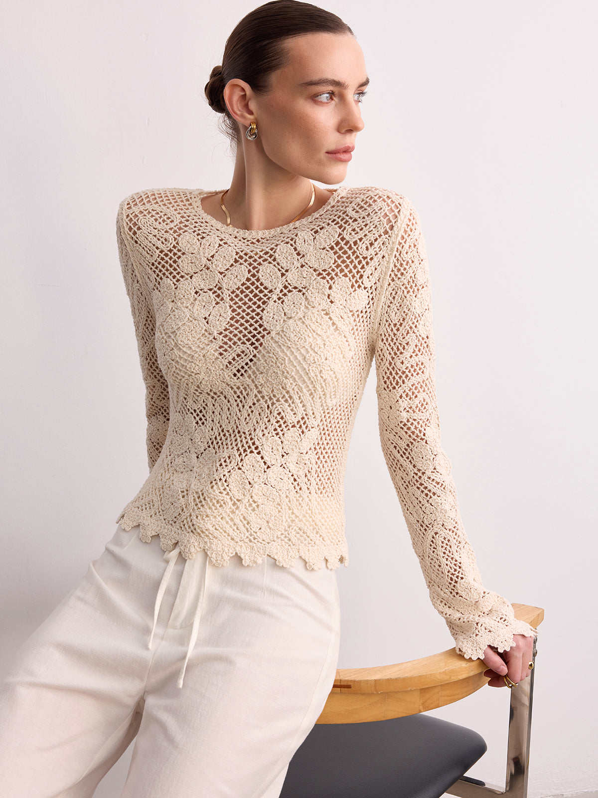 Crochet Lace Long Sleeve Knit Top-Chicvia