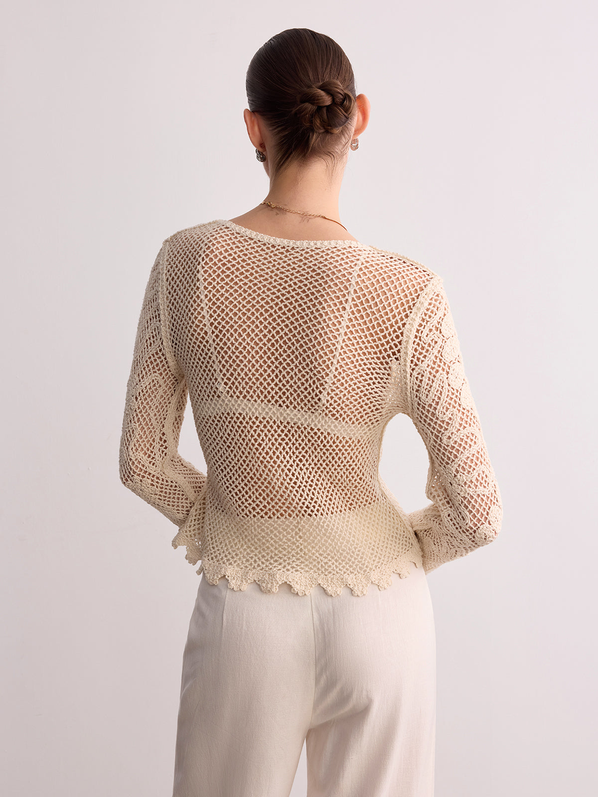 Crochet Lace Long Sleeve Knit Top-Chicvia