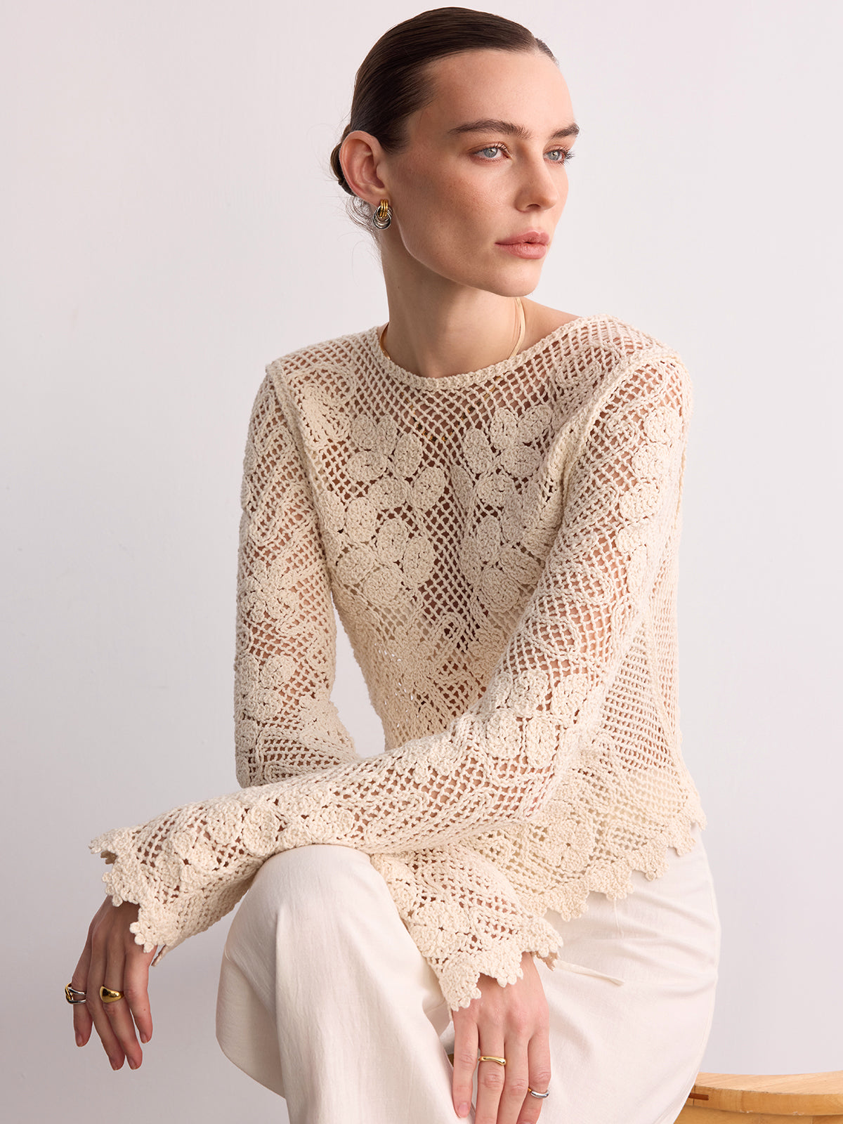 Crochet Lace Long Sleeve Knit Top-Chicvia