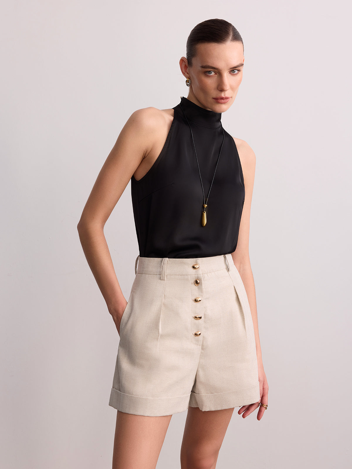 Metal Button Cotton Linen Cuffed Shorts-Chicvia