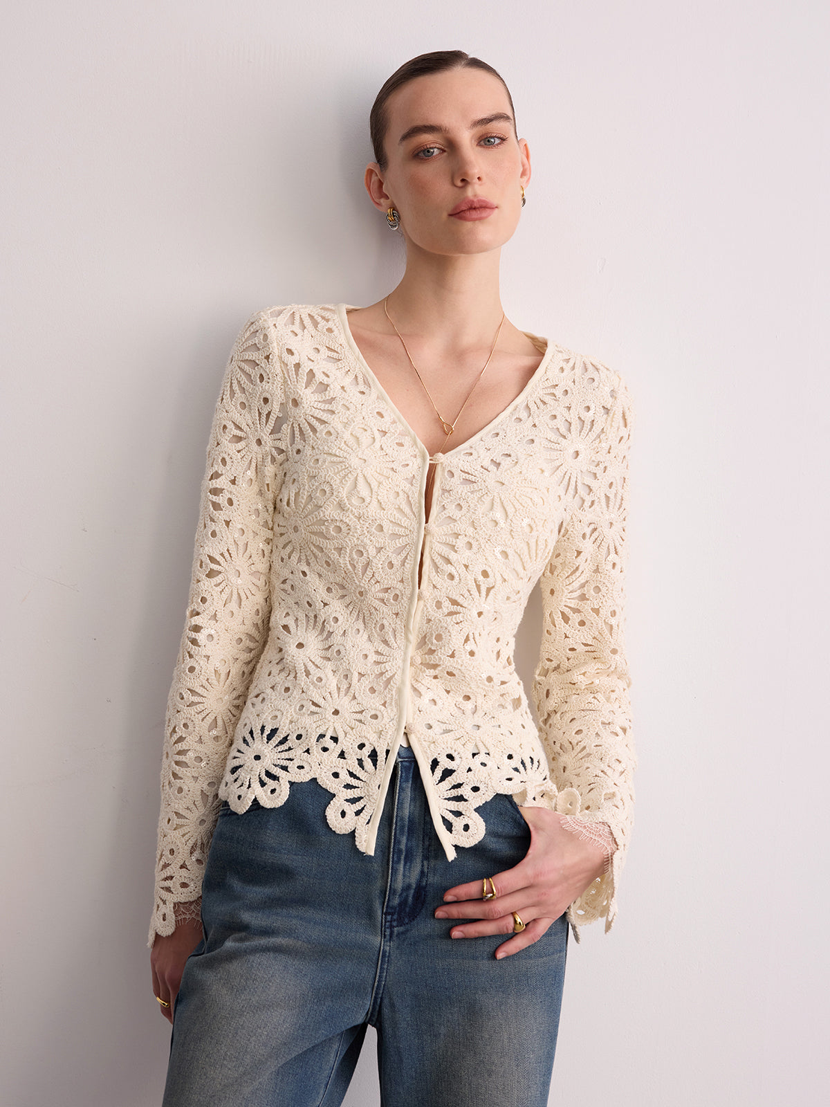 Cotton Crochet V-Neck Cardigan-Chicvia