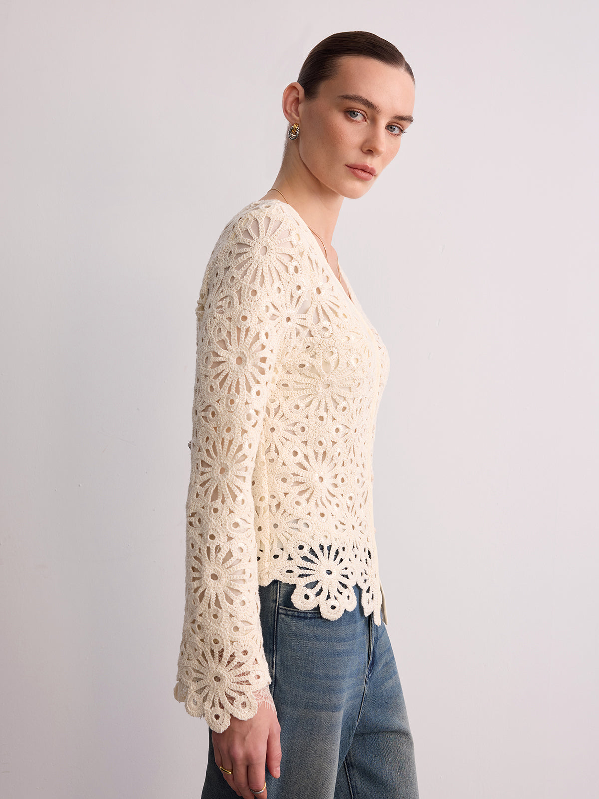 Cotton Crochet V-Neck Cardigan-Chicvia
