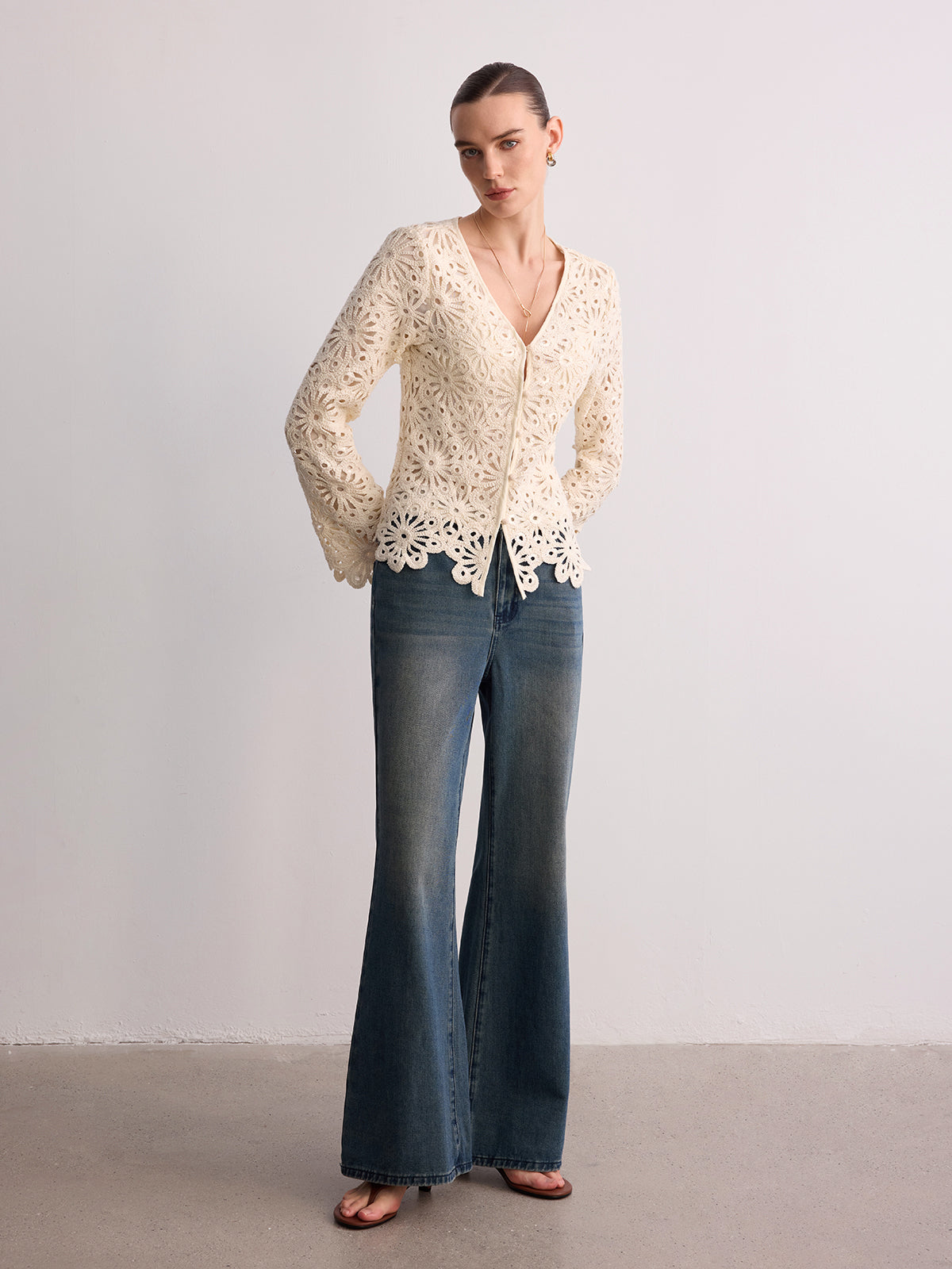 Cotton Crochet V-Neck Cardigan-Chicvia