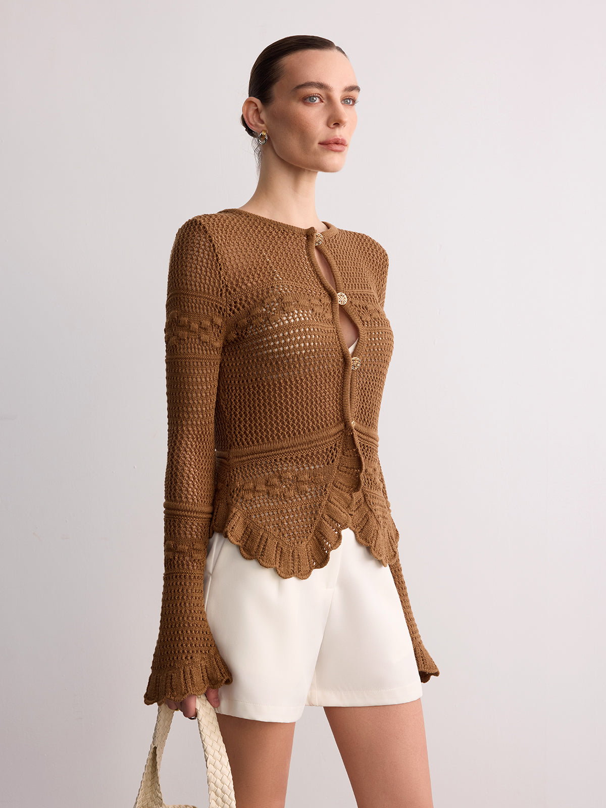 Crochet Knit Scalloped Hem Long Sleeve Cardigan-Chicvia