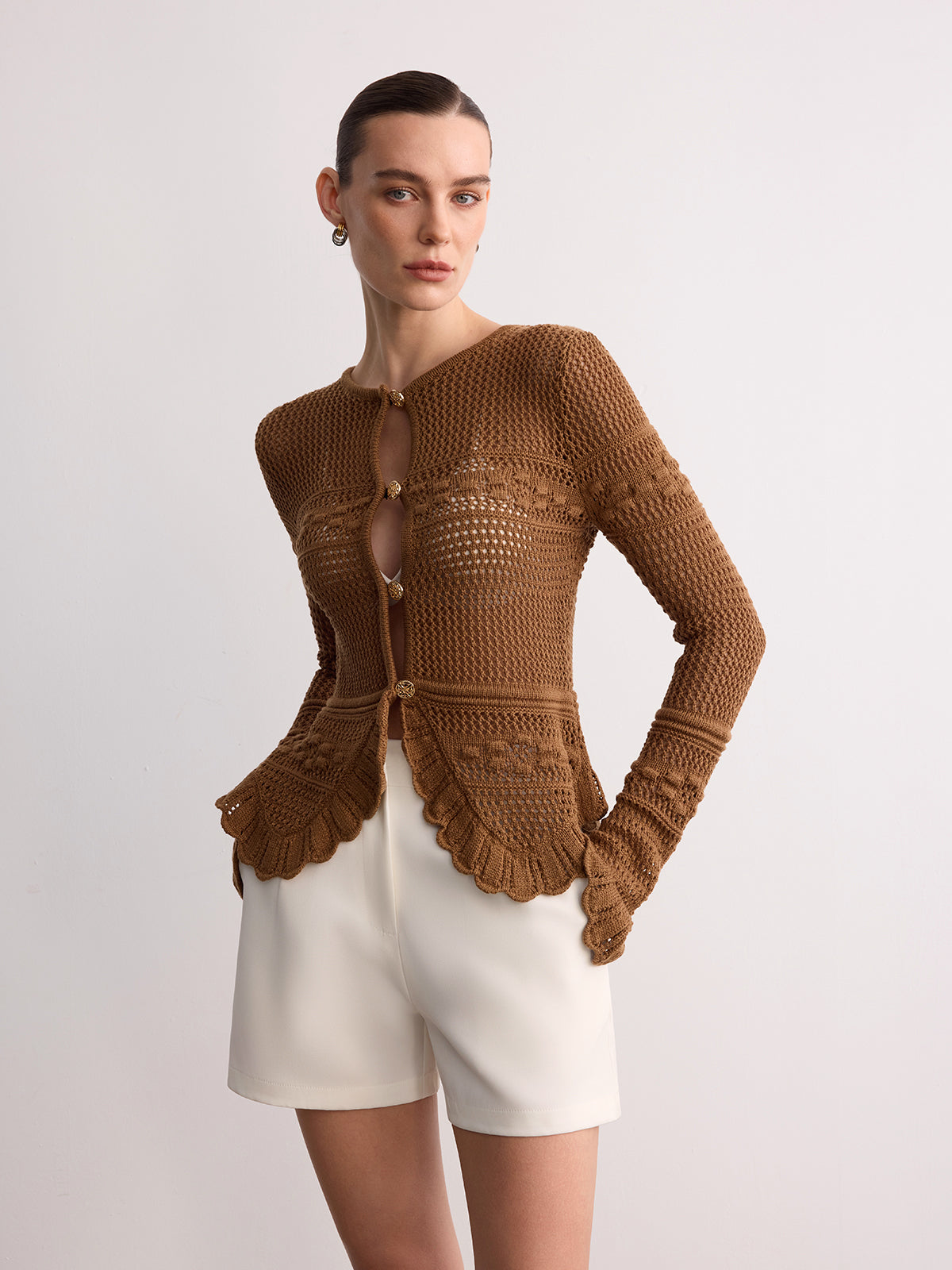 Crochet Knit Scalloped Hem Long Sleeve Cardigan-Chicvia