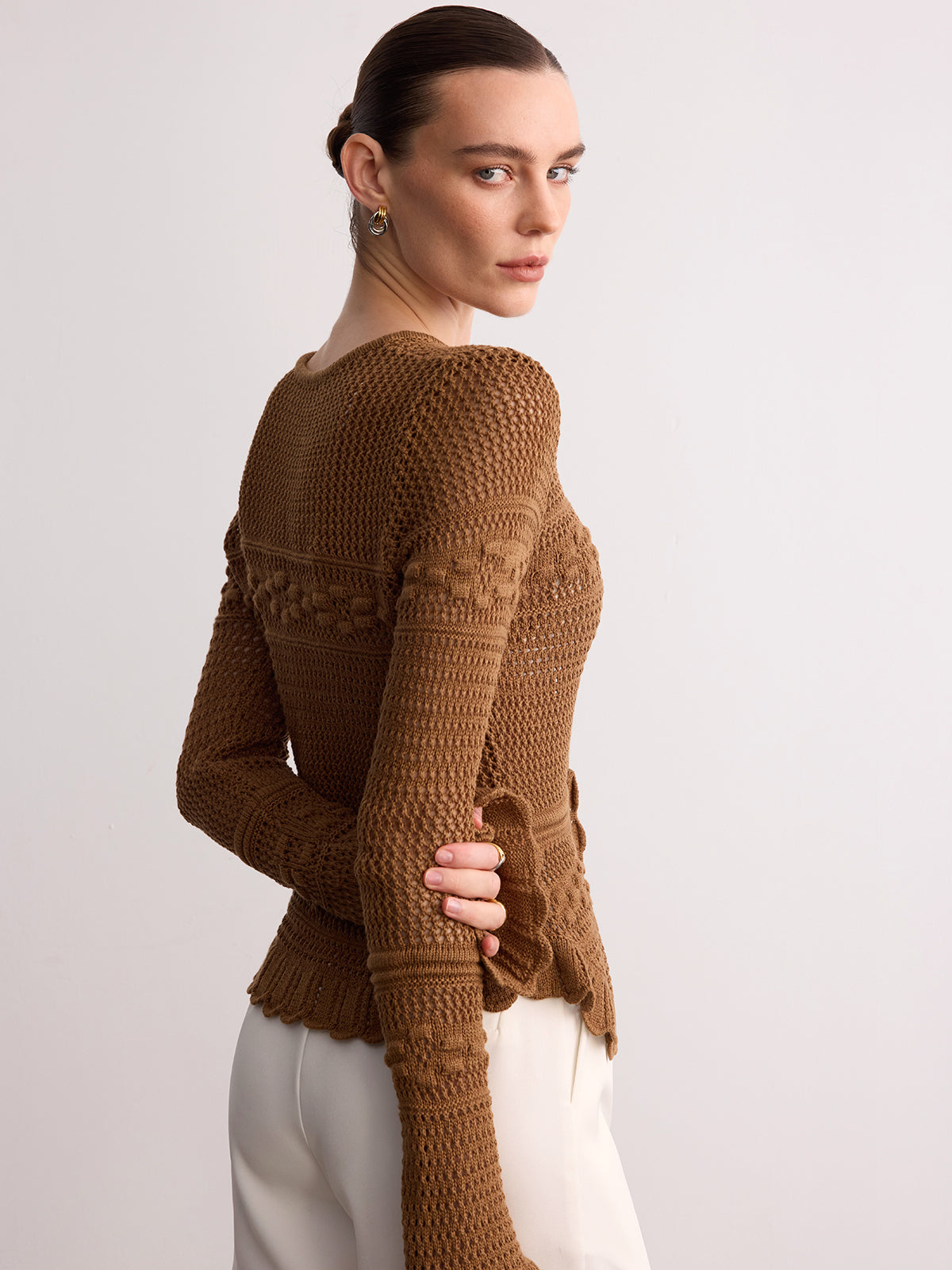 Crochet Knit Scalloped Hem Long Sleeve Cardigan-Chicvia