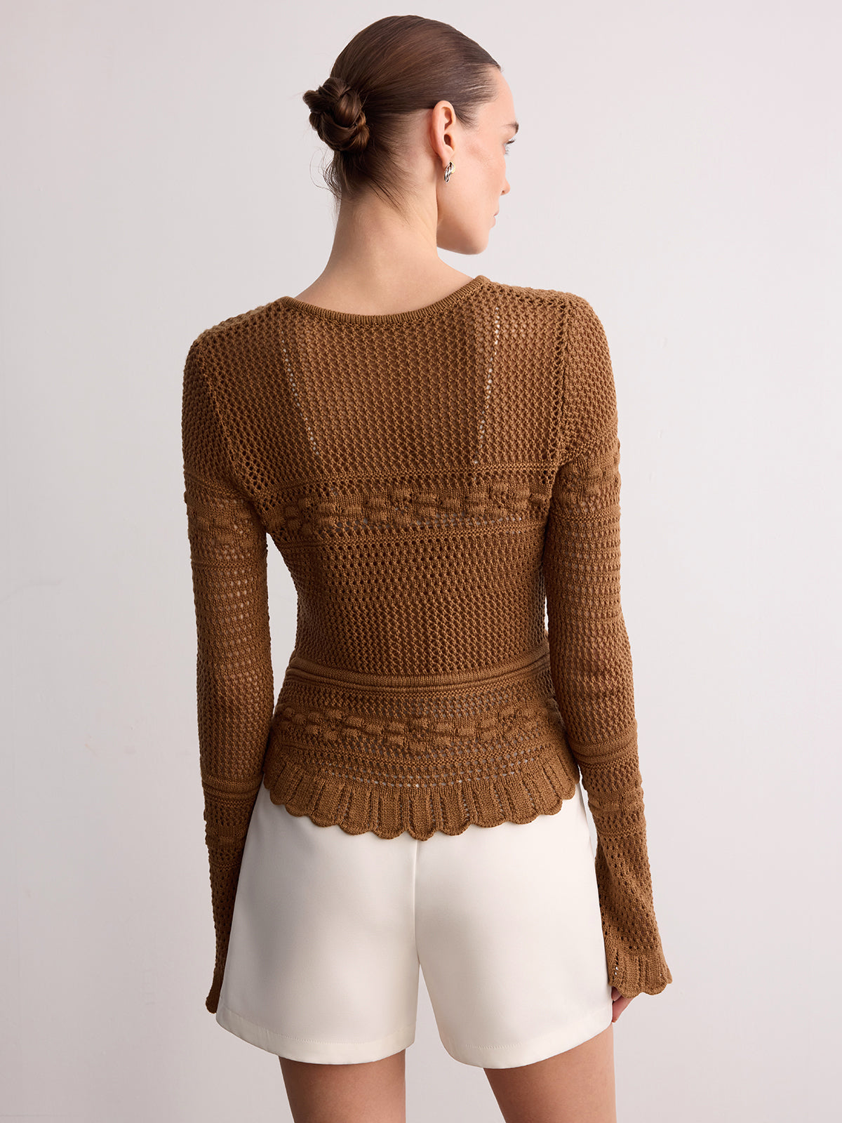 Crochet Knit Scalloped Hem Long Sleeve Cardigan-Chicvia