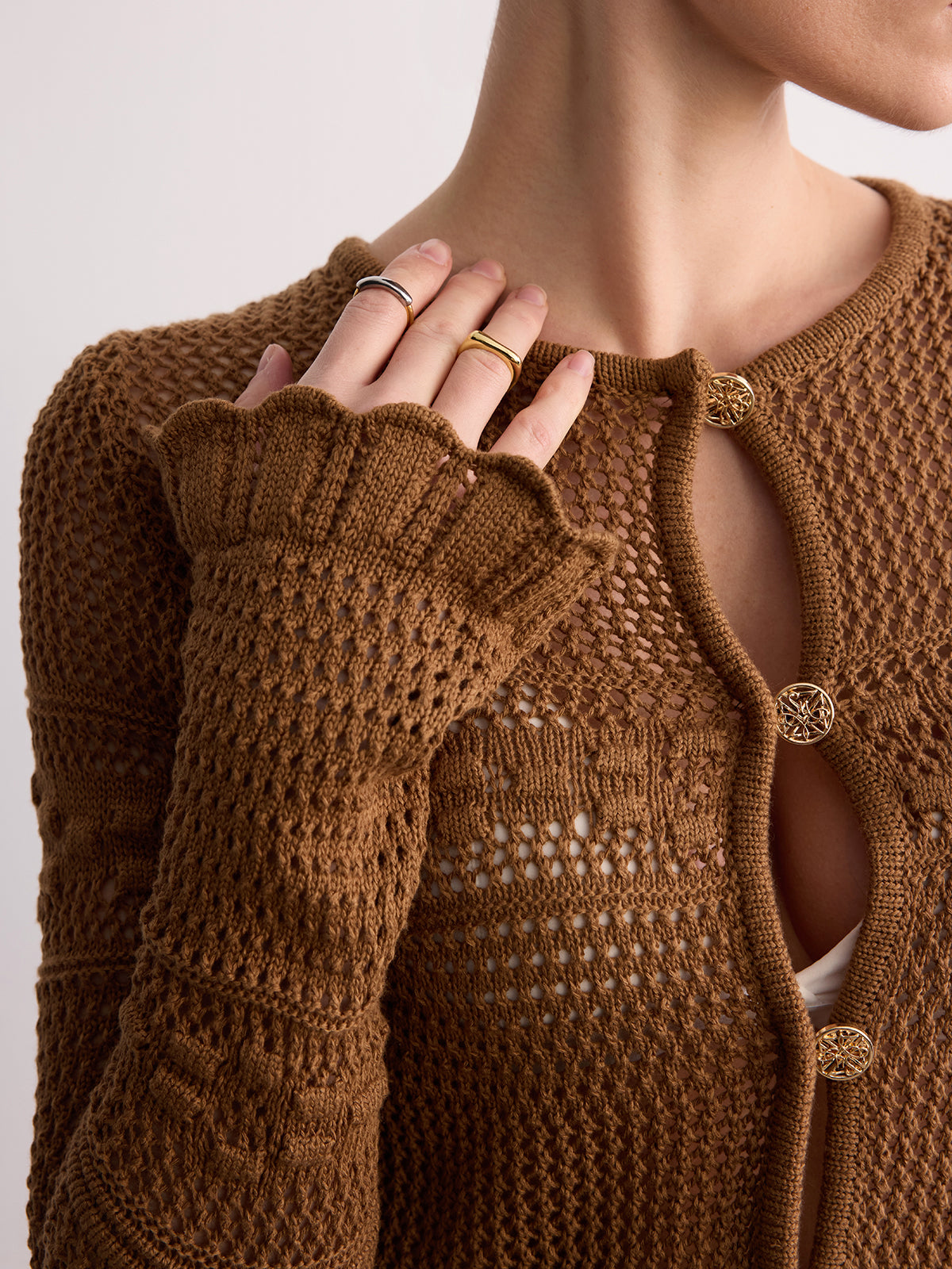 Crochet Knit Scalloped Hem Long Sleeve Cardigan-Chicvia