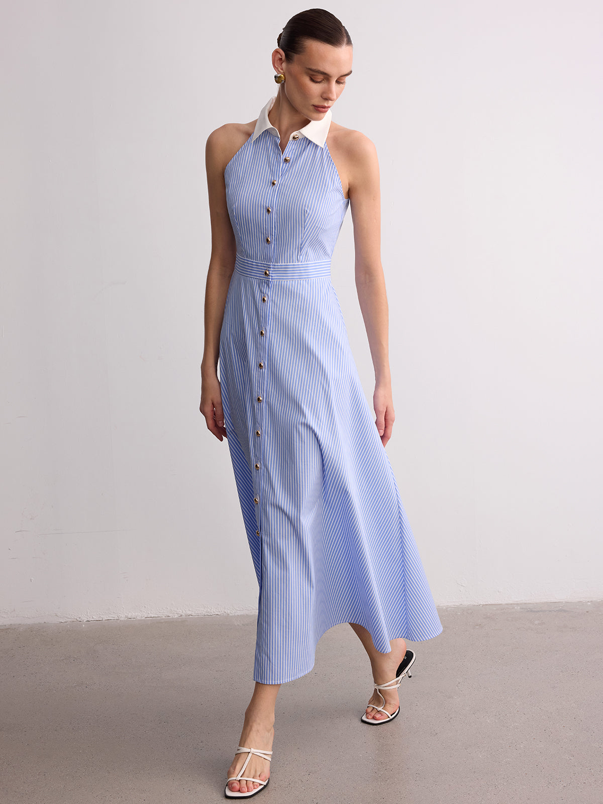 Collared Striped Sleeveless Buttoned Maxi Dress-Chicvia