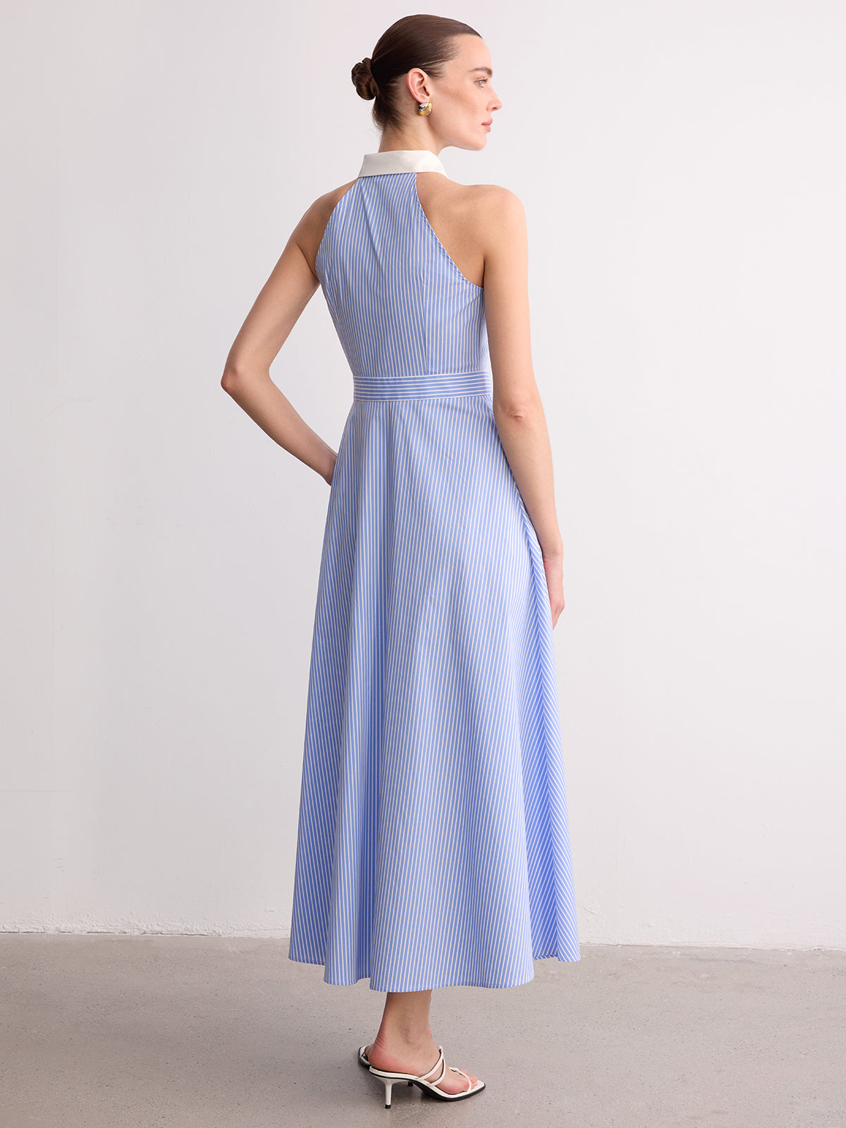 Collared Striped Sleeveless Buttoned Maxi Dress-Chicvia