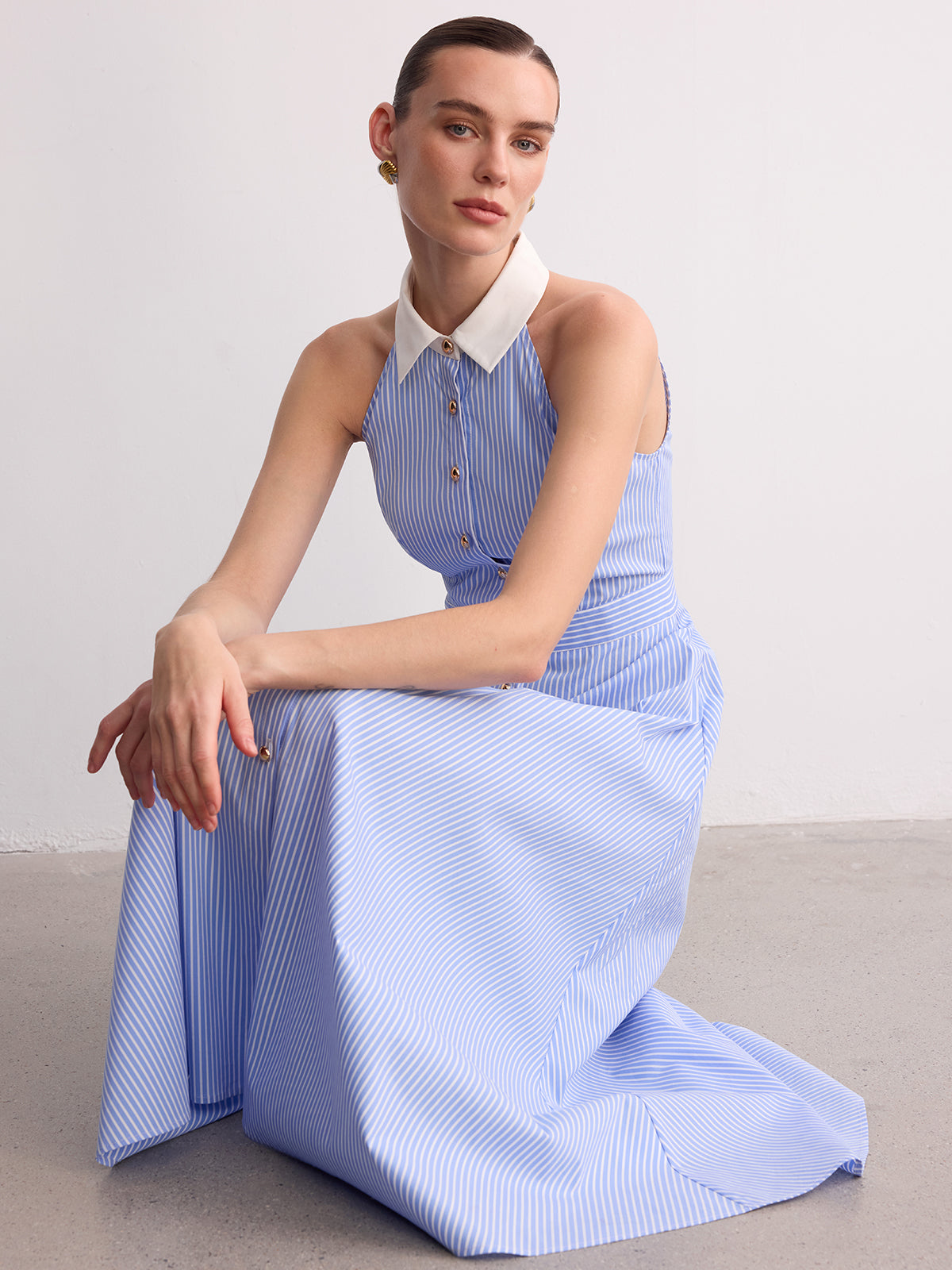 Collared Striped Sleeveless Buttoned Maxi Dress-Chicvia