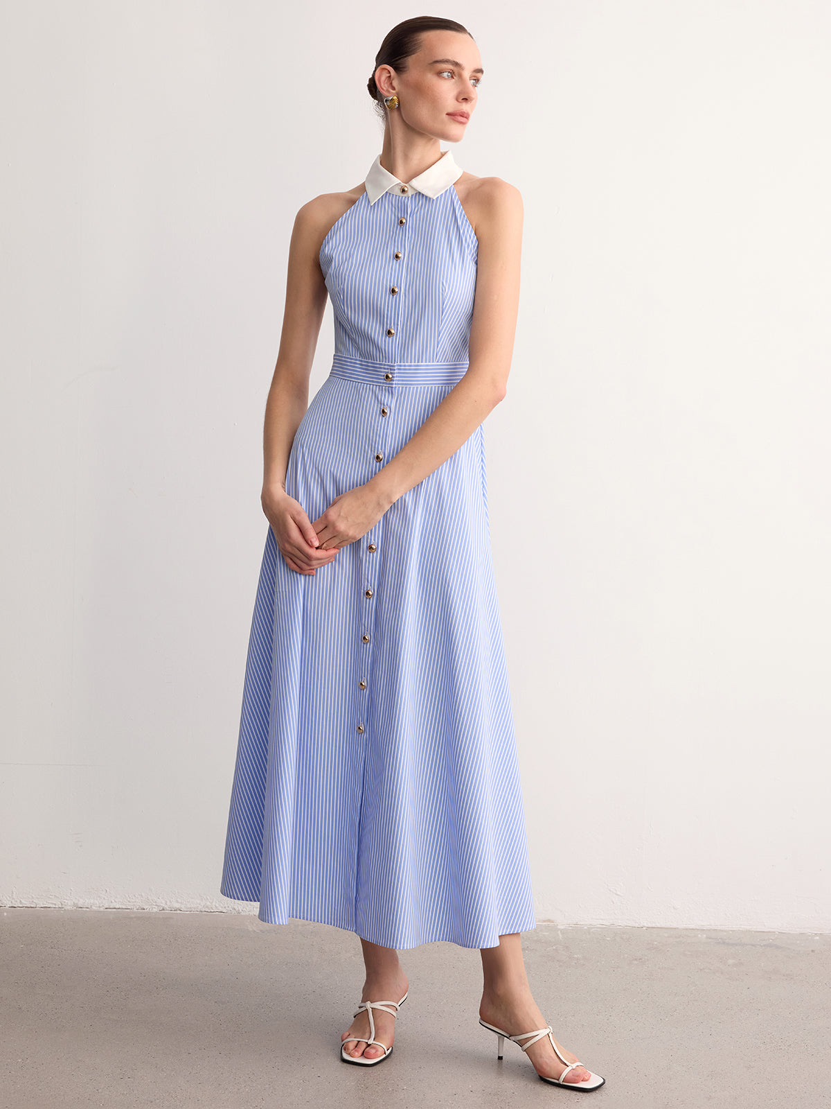 Collared Striped Sleeveless Buttoned Maxi Dress-Chicvia