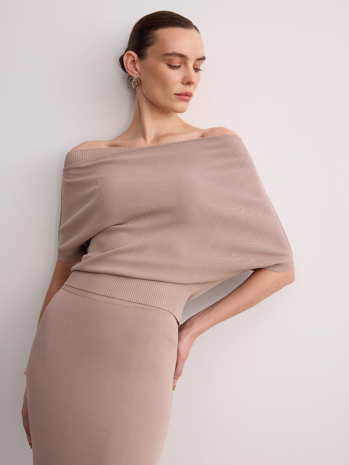 Off-Shoulder Knit Top & Maxi Skirt Set-Chicvia