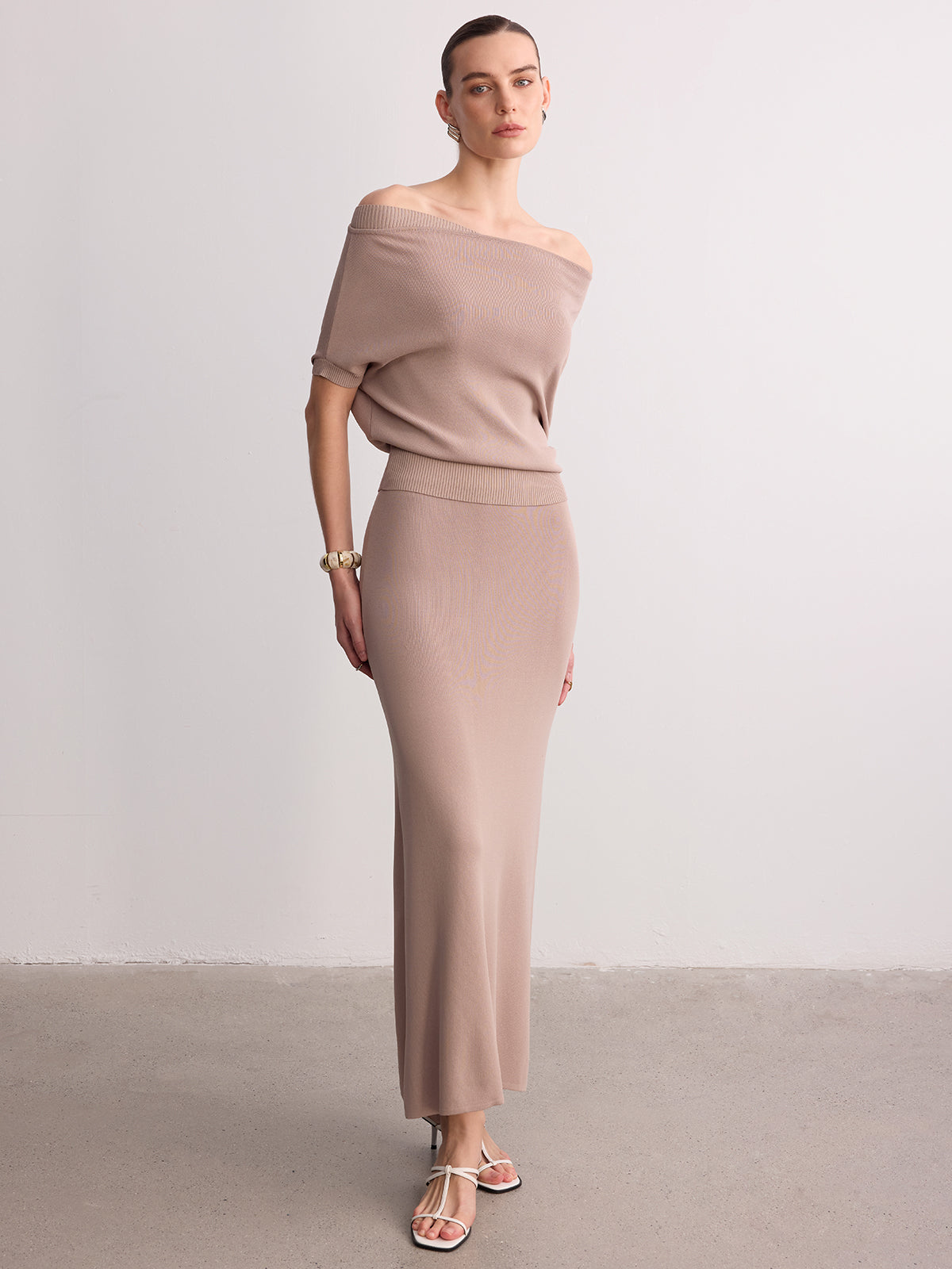 Off-Shoulder Knit Top & Maxi Skirt Set-Chicvia