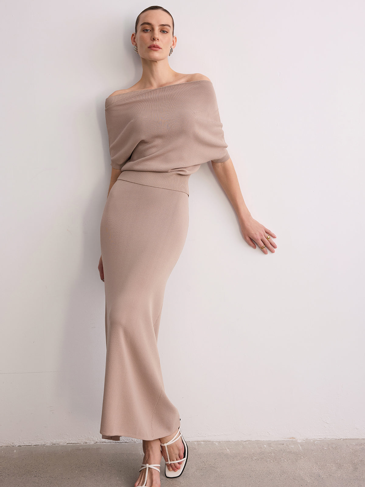 Off-Shoulder Knit Top & Maxi Skirt Set-Chicvia