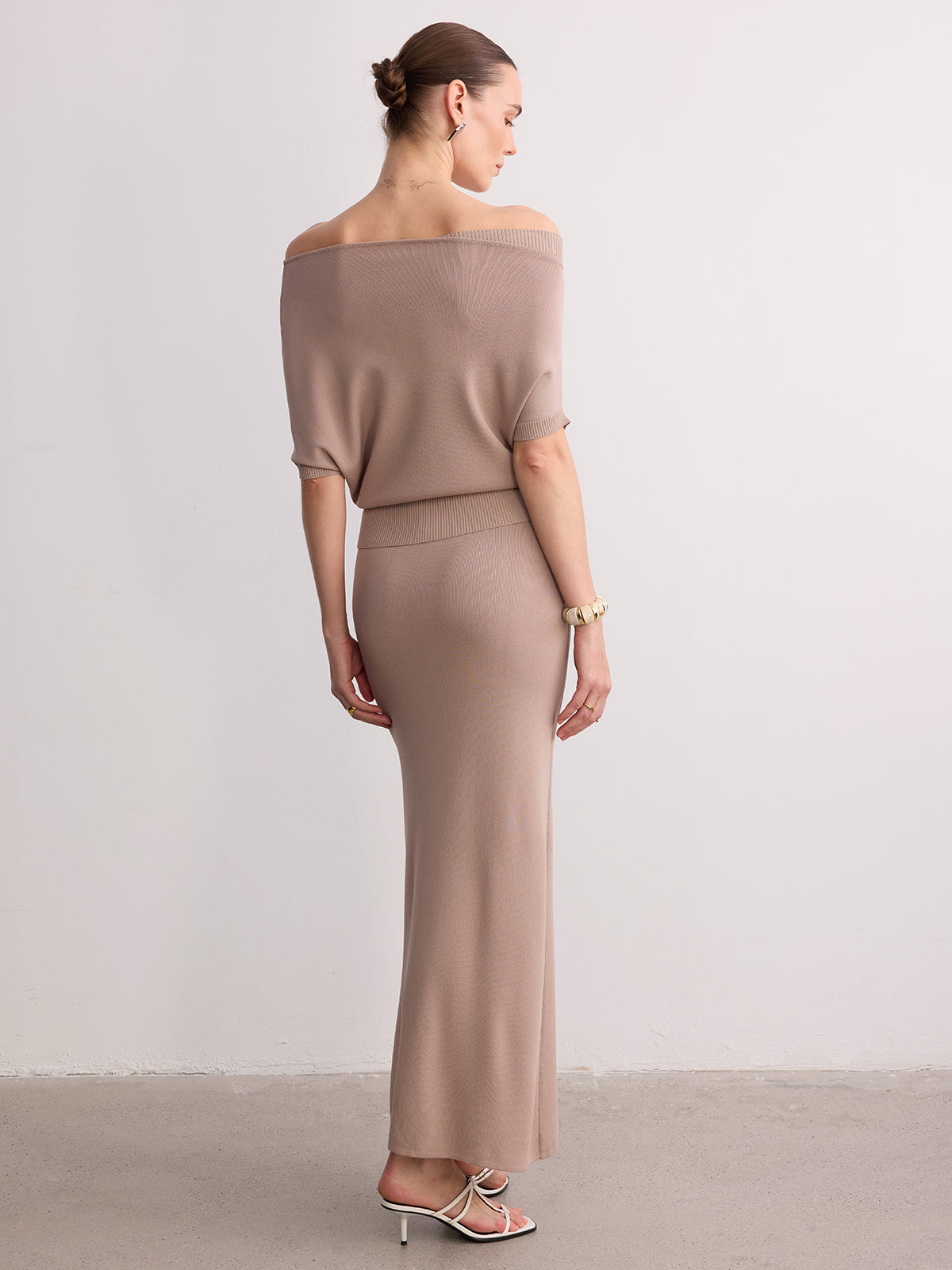 Off-Shoulder Knit Top & Maxi Skirt Set-Chicvia