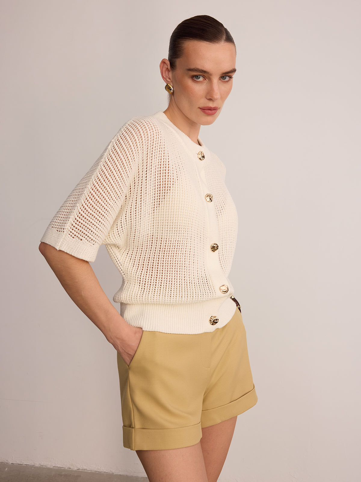 Metal Button Openwork Knit Cardigan-Chicvia