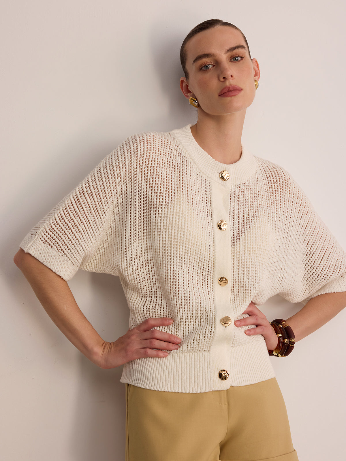 Metal Button Openwork Knit Cardigan-Chicvia