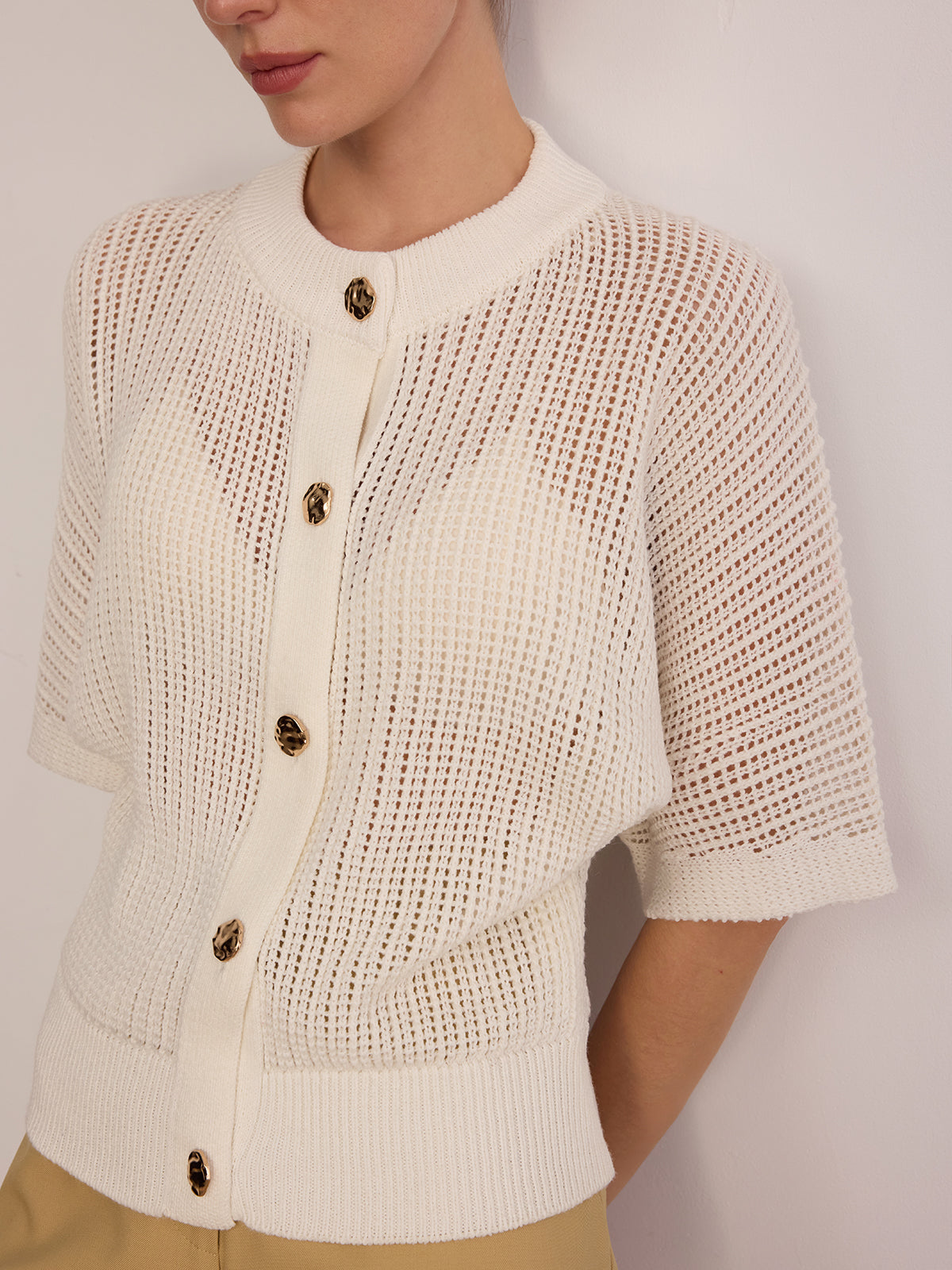 Metal Button Openwork Knit Cardigan-Chicvia