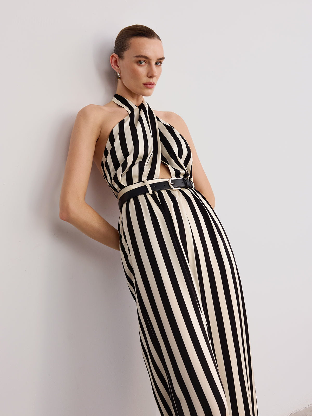 Halter Striped Belted Jumpsuit-Chicvia