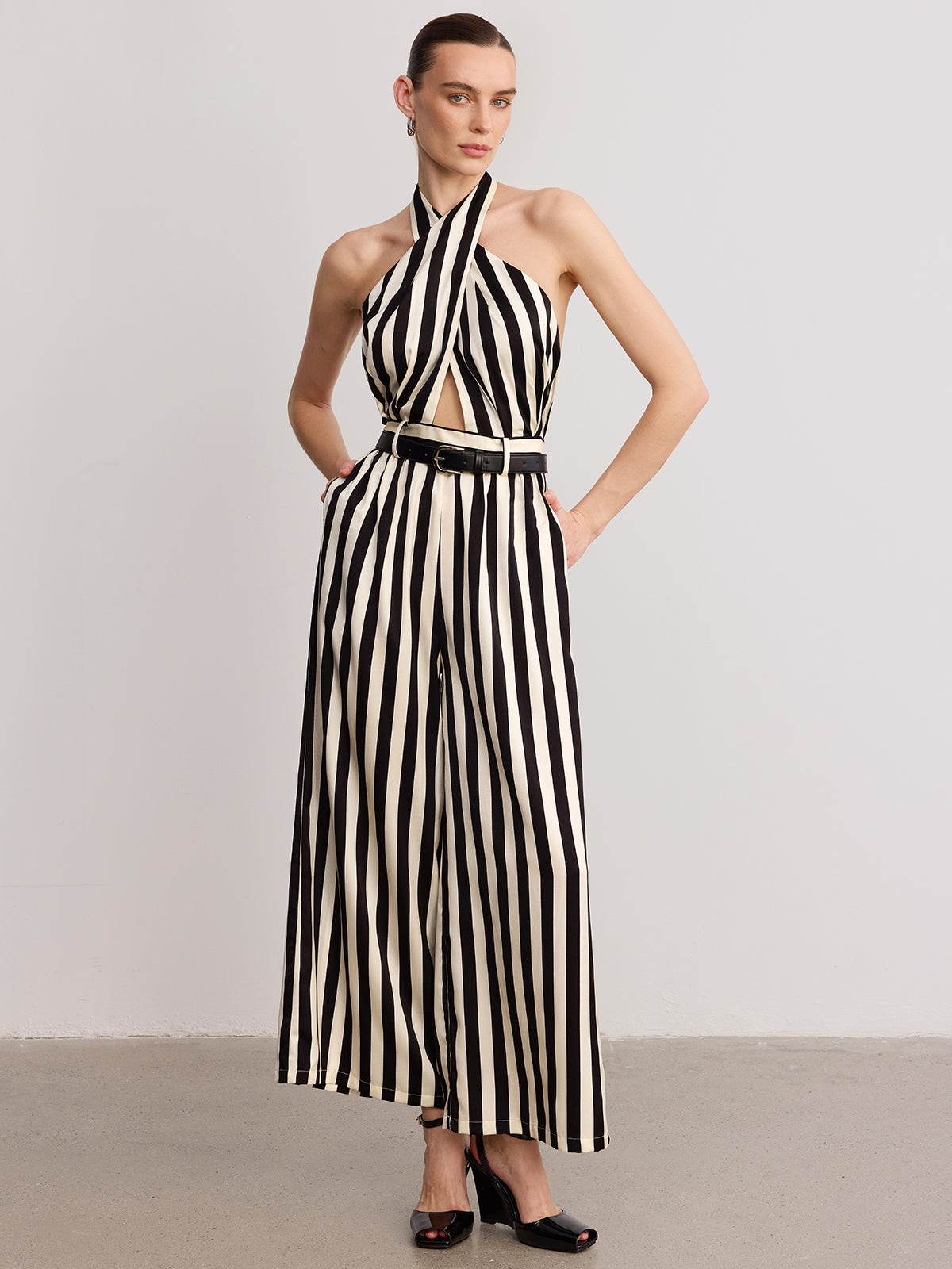 Halter Striped Belted Jumpsuit-Chicvia
