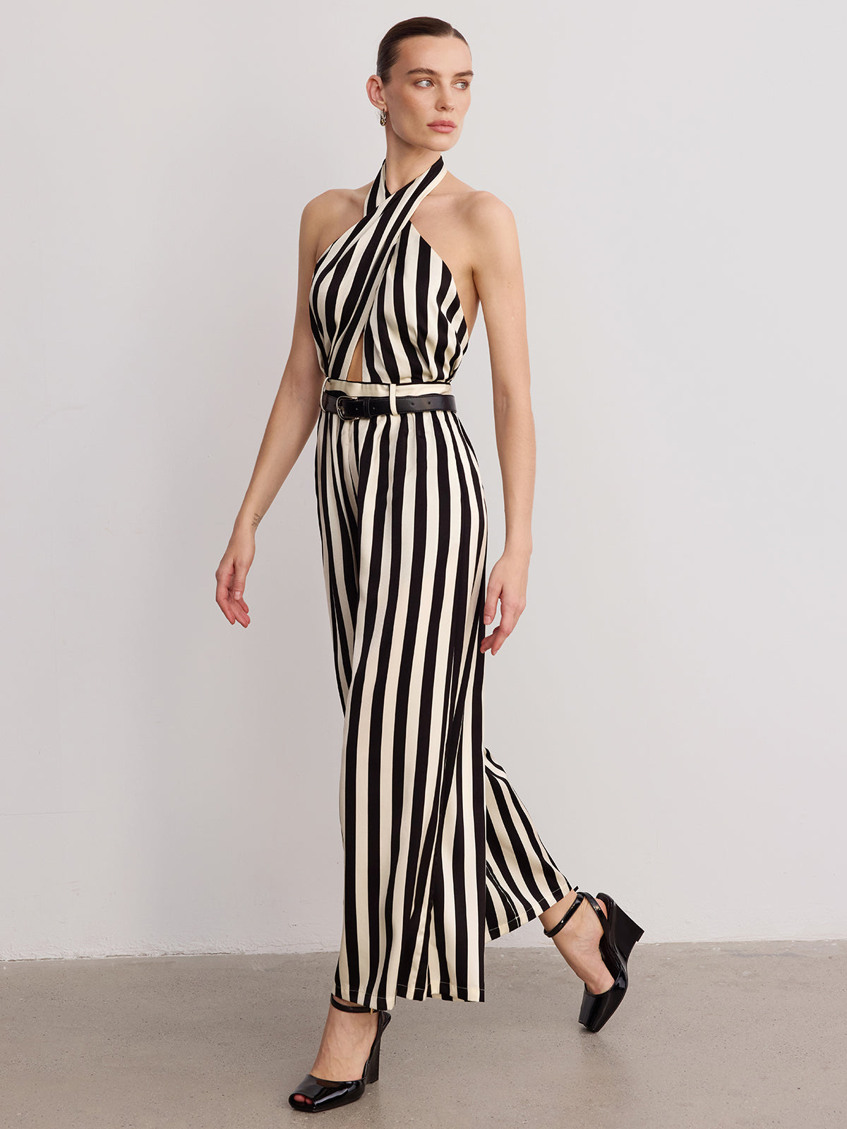 Halter Striped Belted Jumpsuit-Chicvia
