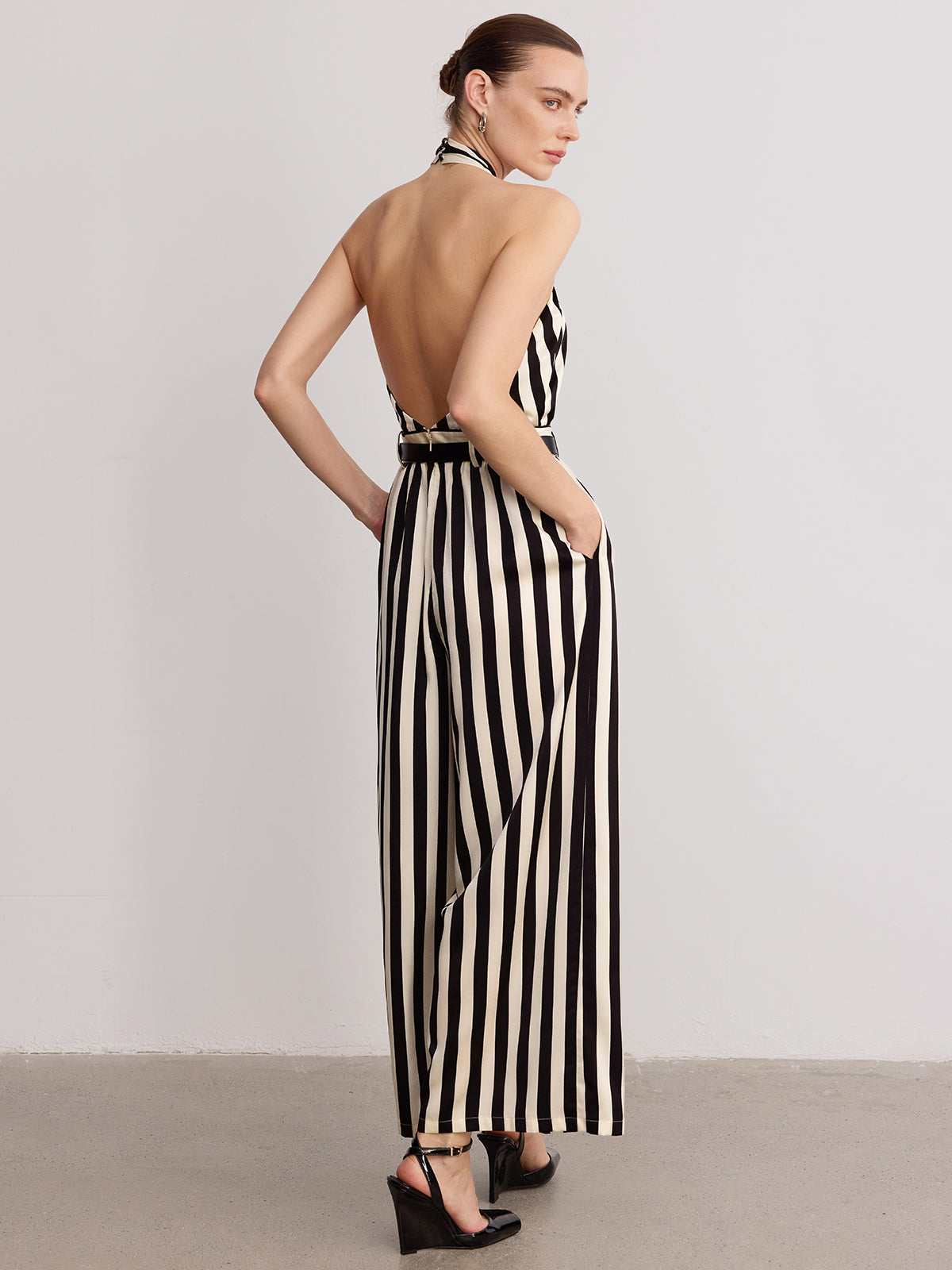 Halter Striped Belted Jumpsuit-Chicvia